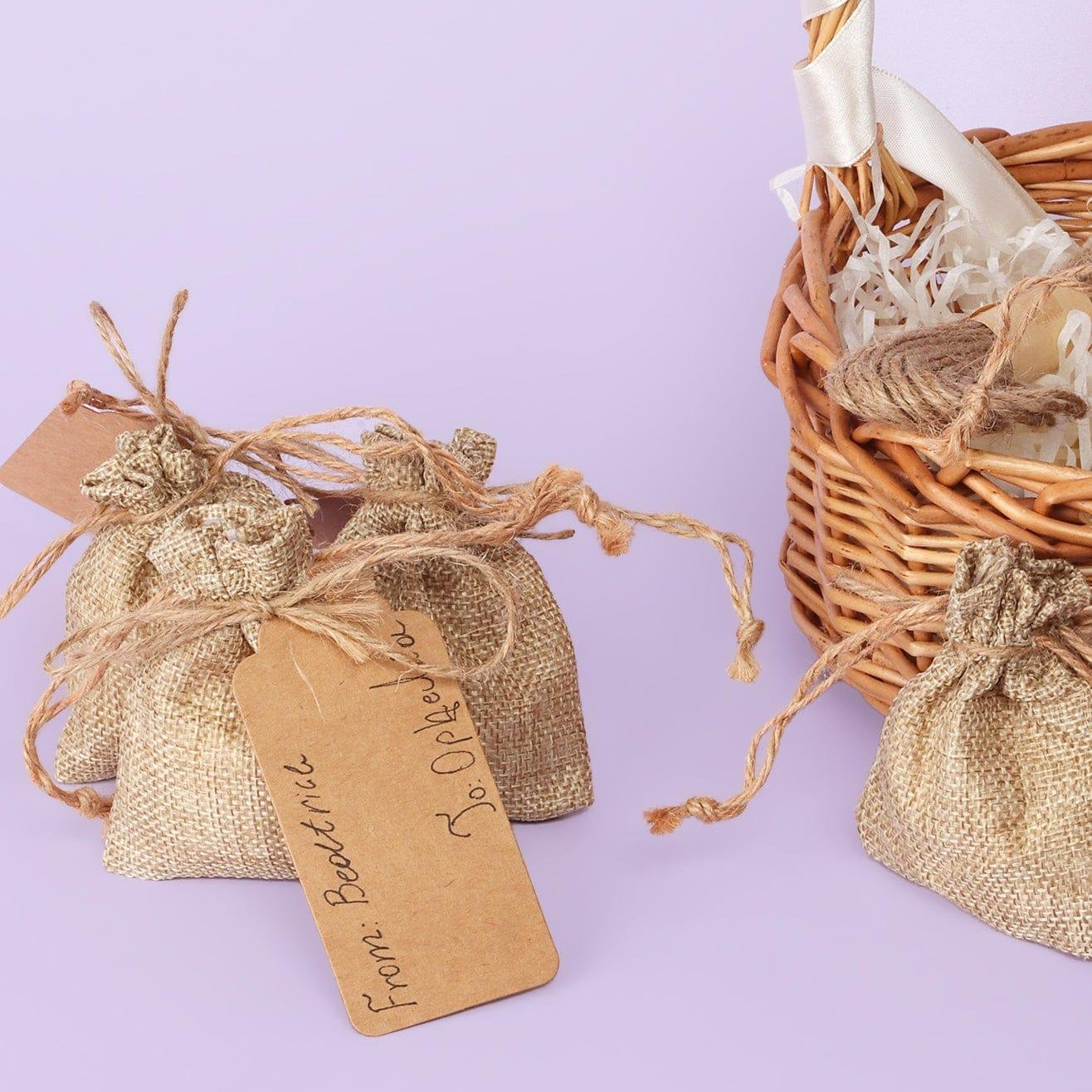 Set of 5 or 10 Eco Natural Jute Hessian Gift Bags with Drawstrings, Kraft Tags & Extra String - G Decor