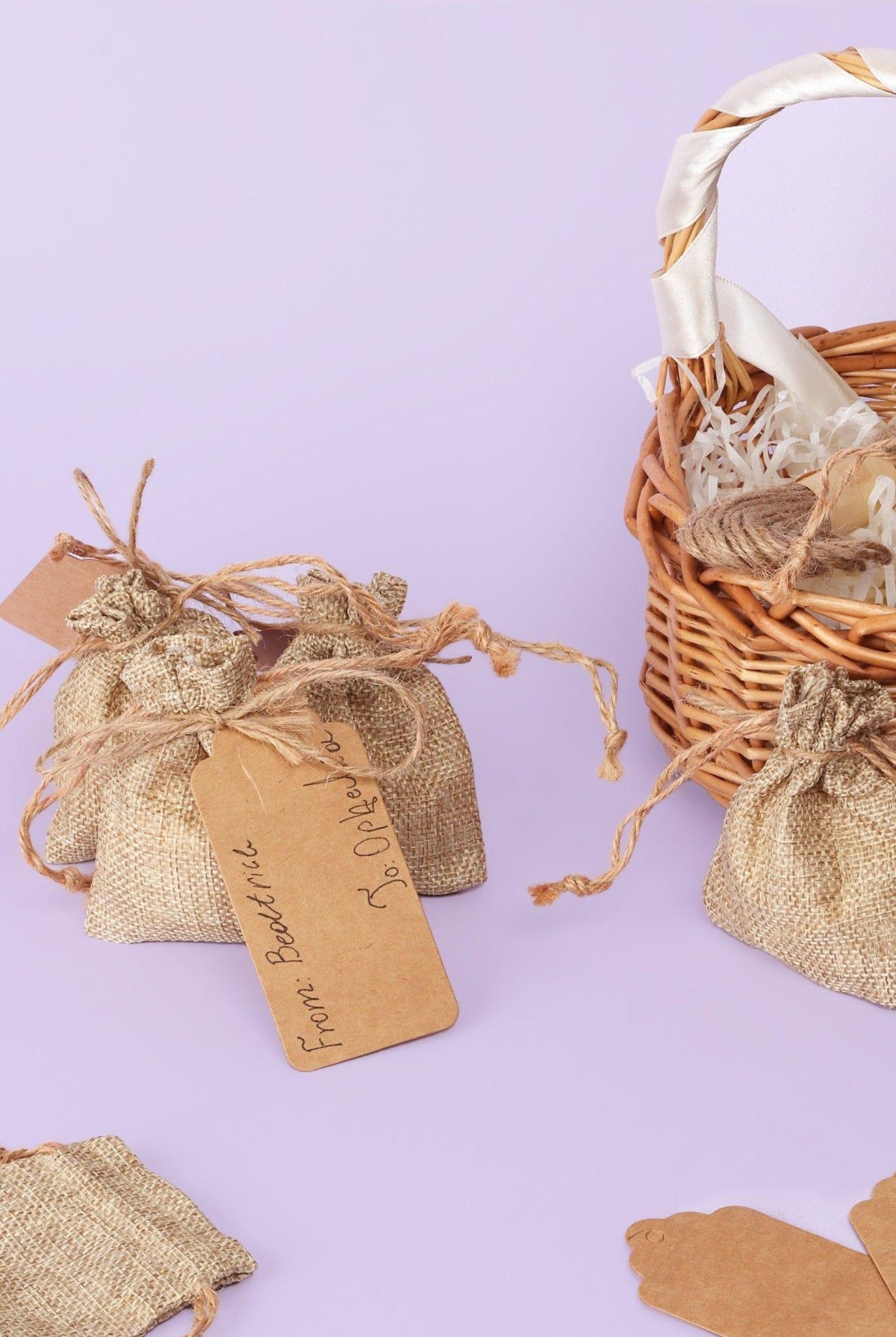 Set of 5 or 10 Eco Natural Jute Hessian Gift Bags with Drawstrings, Kraft Tags & Extra String - G Decor