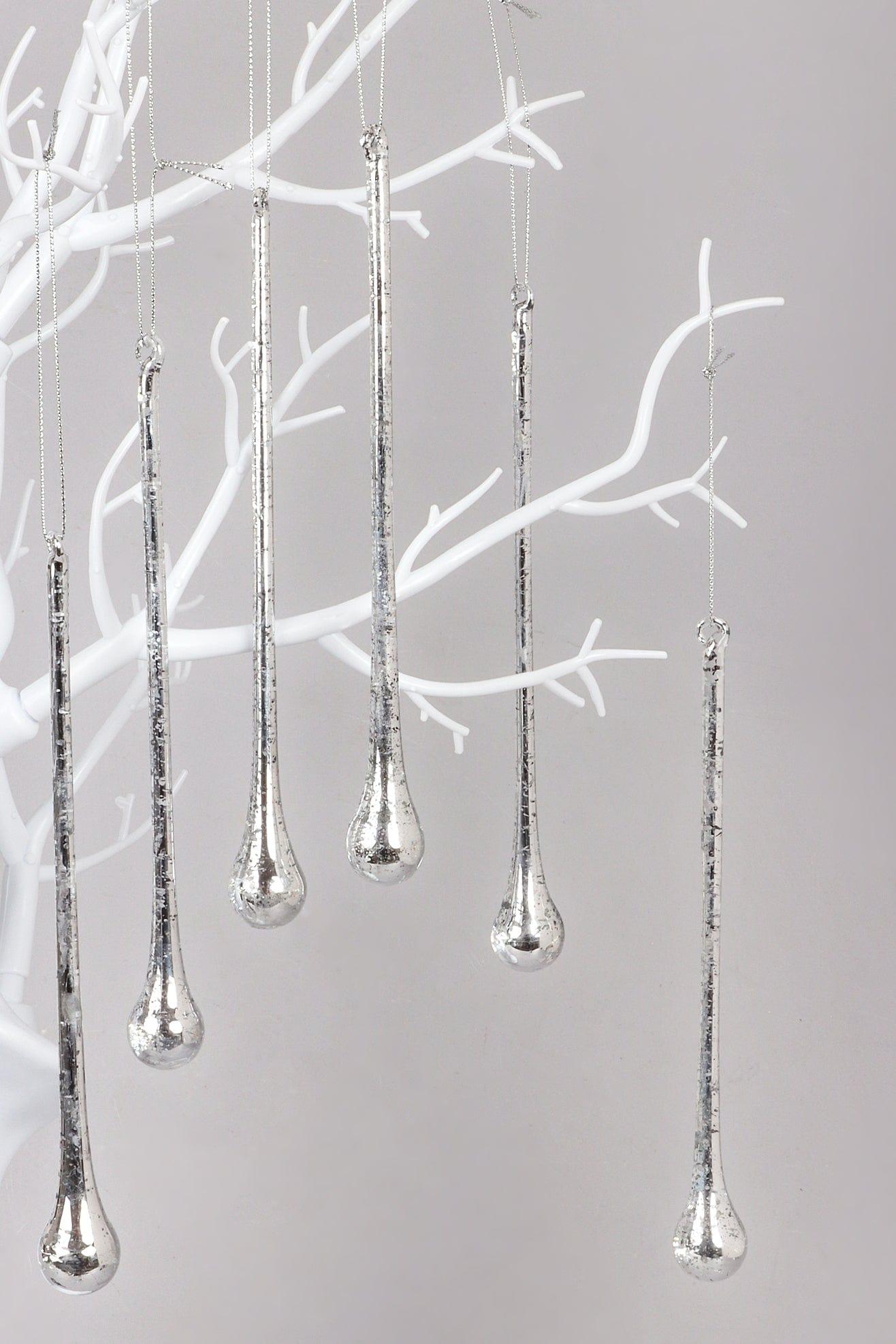 G Decor Christmas Decorations Silver Set of 6 Mottled Silver Glass Long Droplets