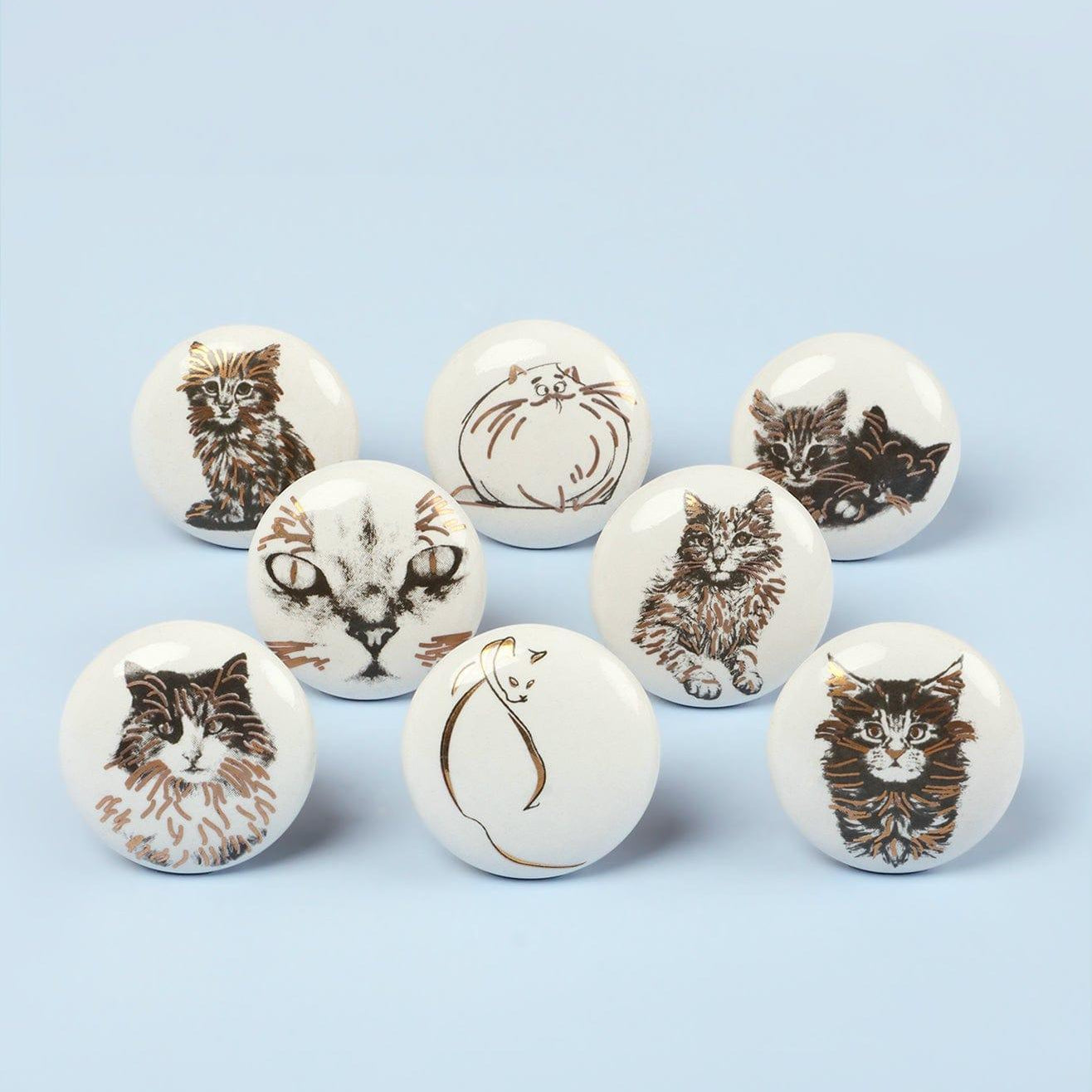 Set of 8 Black & Gold Ceramic Cat Door Knobs Sassy Meow Design - G Decor