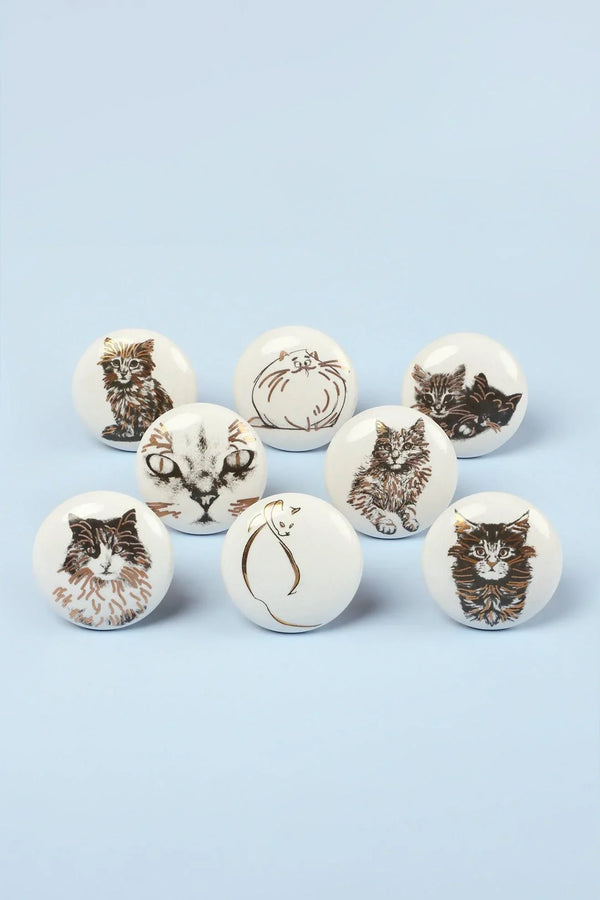 Lot de 8 boutons de meuble en céramique motif chat "Sassy Meow" noir et or