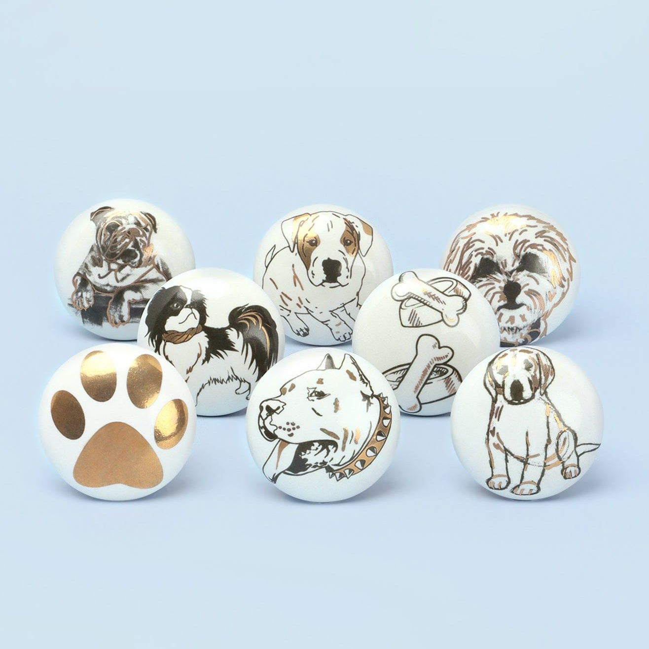 Set of 8 Black & Gold Ceramic Dog Door Knobs Playful Pup Design - G Decor