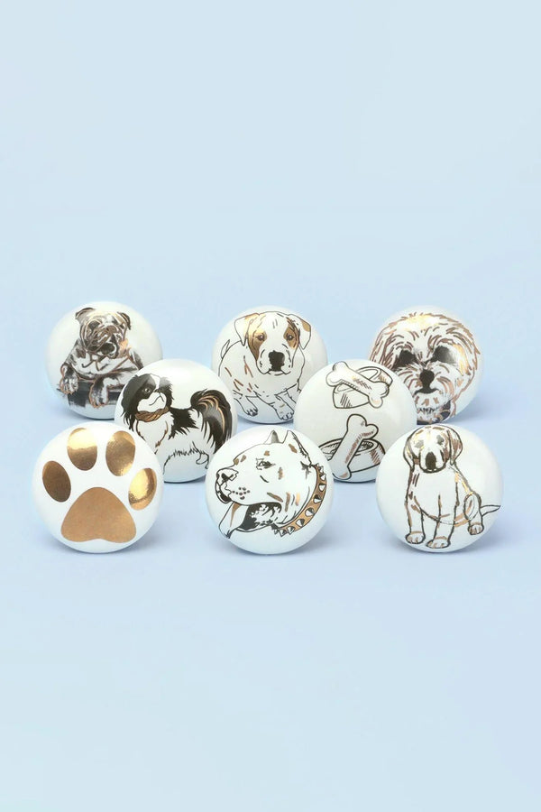 Lot de 8 boutons de meuble en céramique noirs et or motif chiot enjoué