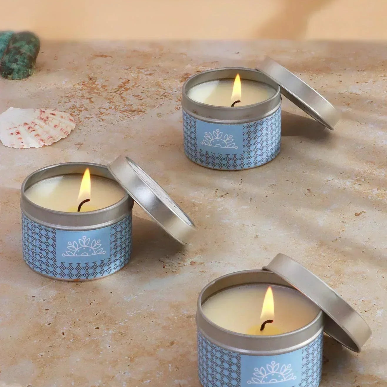 Set Of Three Scented Summer Time Floral Blue Tin Candles Gift Set - G Decor