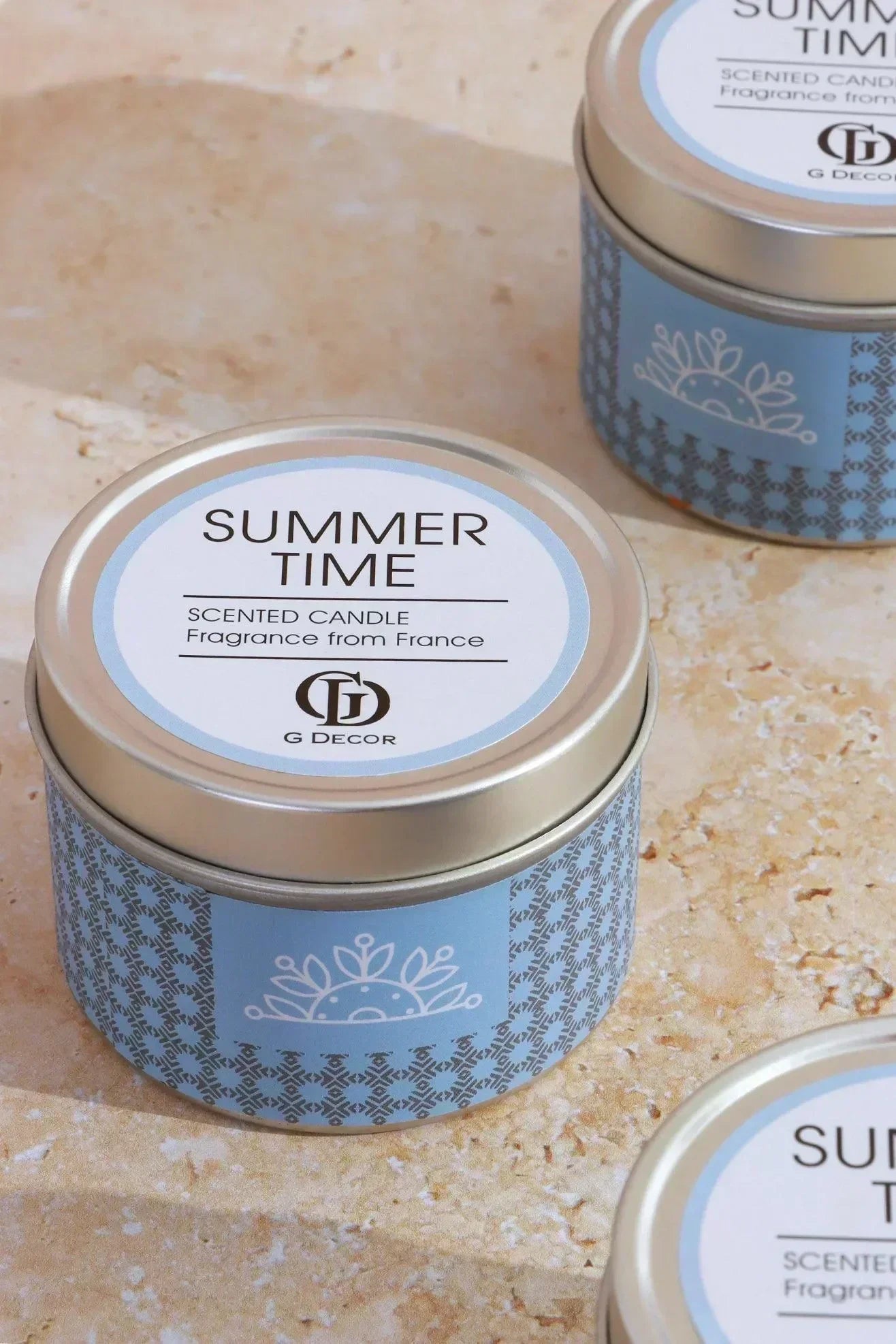 Scented Summer Floral Blue Tin Candles Set of 3 — close-up view, G Decor