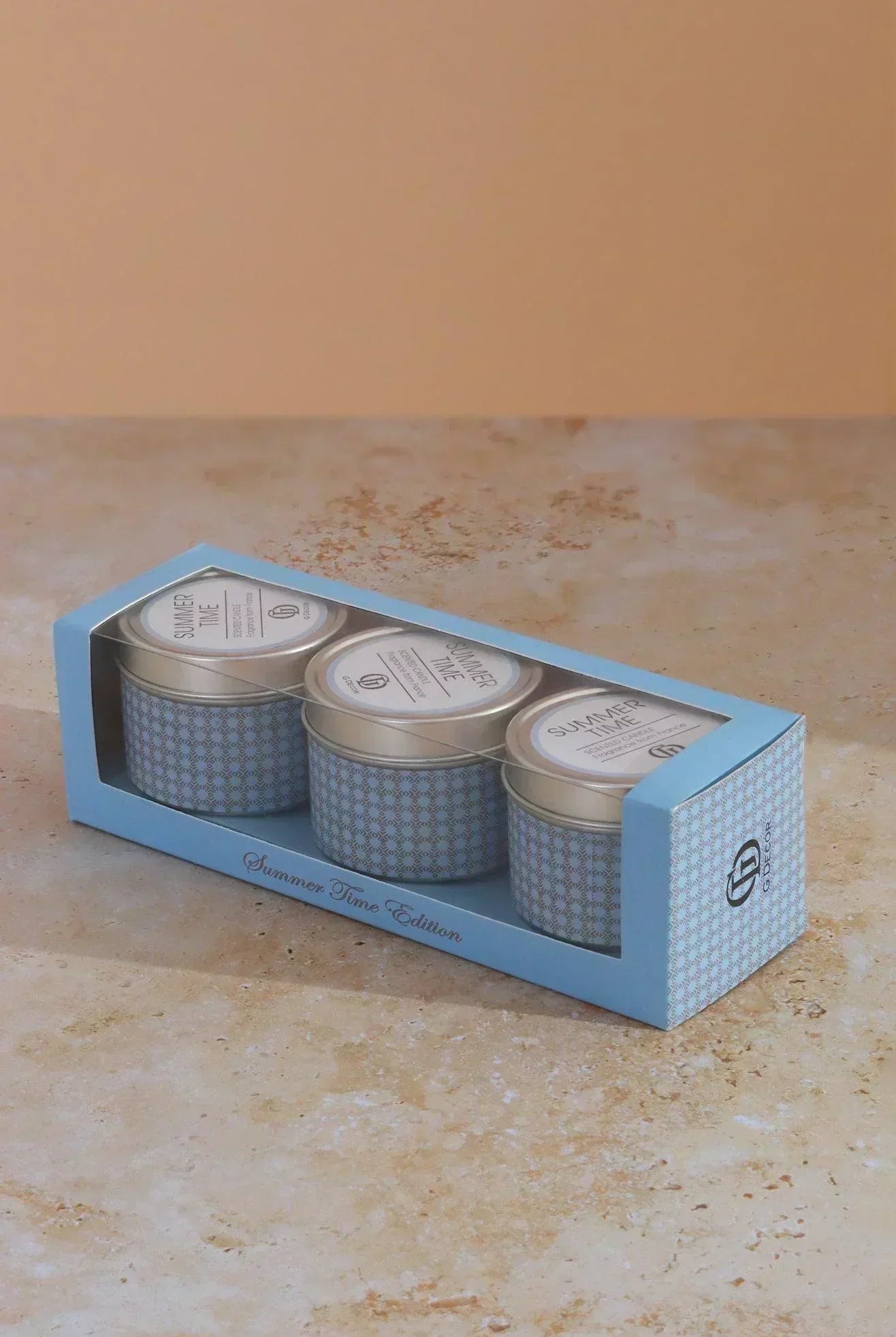 Set Of Three Scented Summer Time Floral Blue Tin Candles Gift Set - G Decor