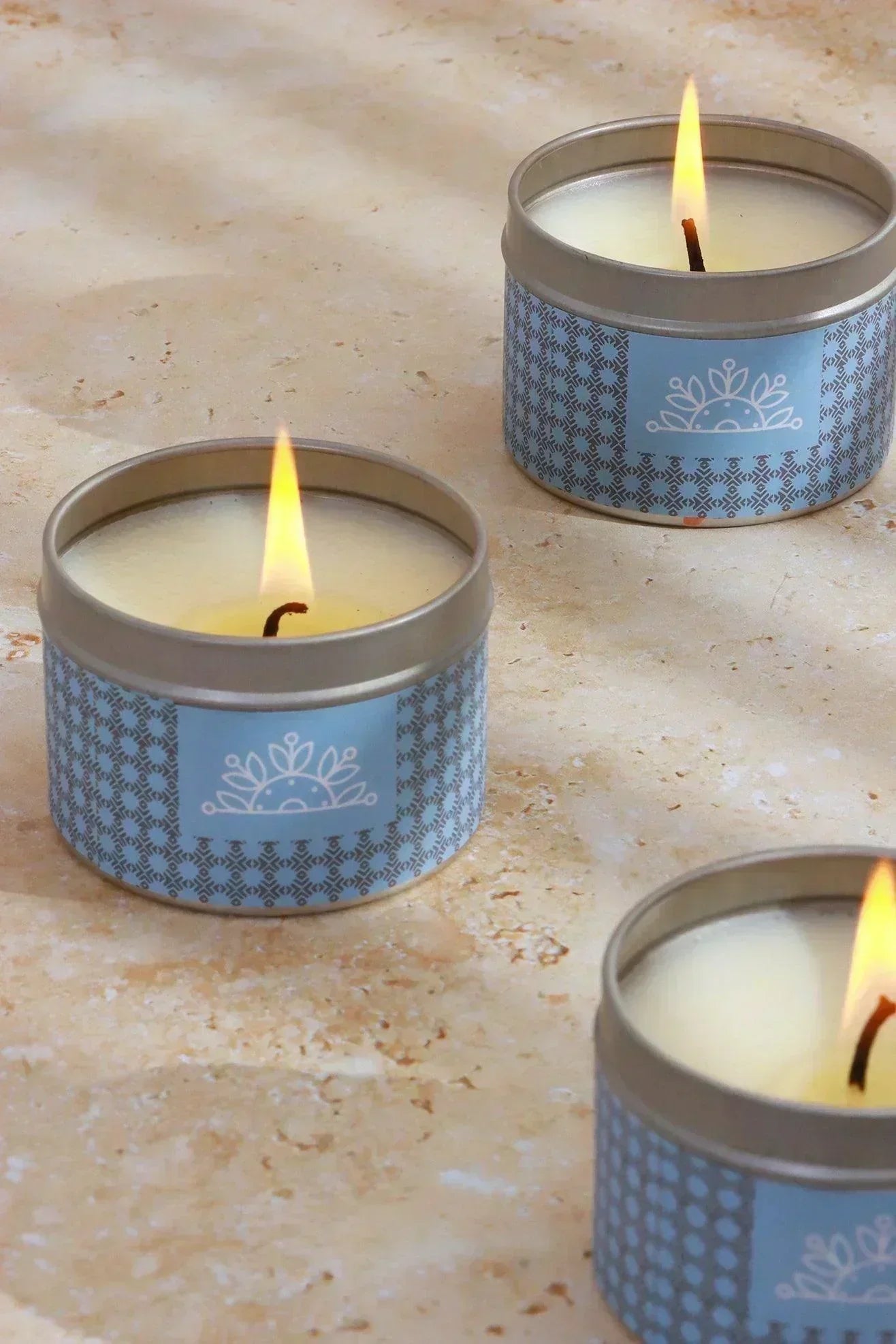 Scented Summer Floral Blue Tin Candles Set of 3 — lifestyle view, G Decor