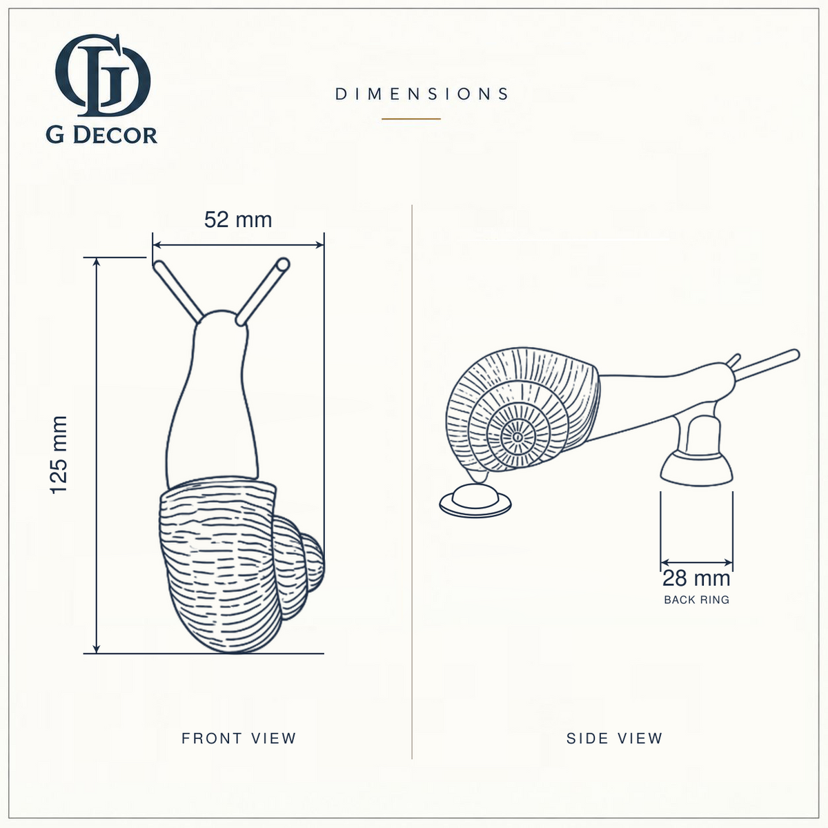 Size drawing of the brass snail door knocker: 125 mm (4.92 in) tall and 52 mm (2.05 in) wide; round mount 28 mm (1.10 in) across
