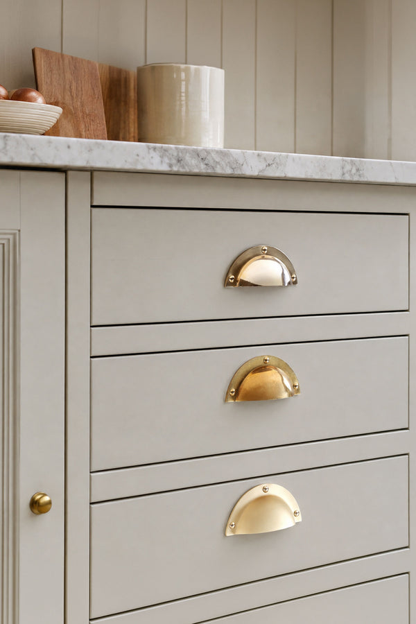 Stepped Rim Brass Cup Pull, 4 Inch Solid Brass Drawer Pull in Polished, Aged or Satin Brass, Kitchen Cupboard Bin Pull Handle