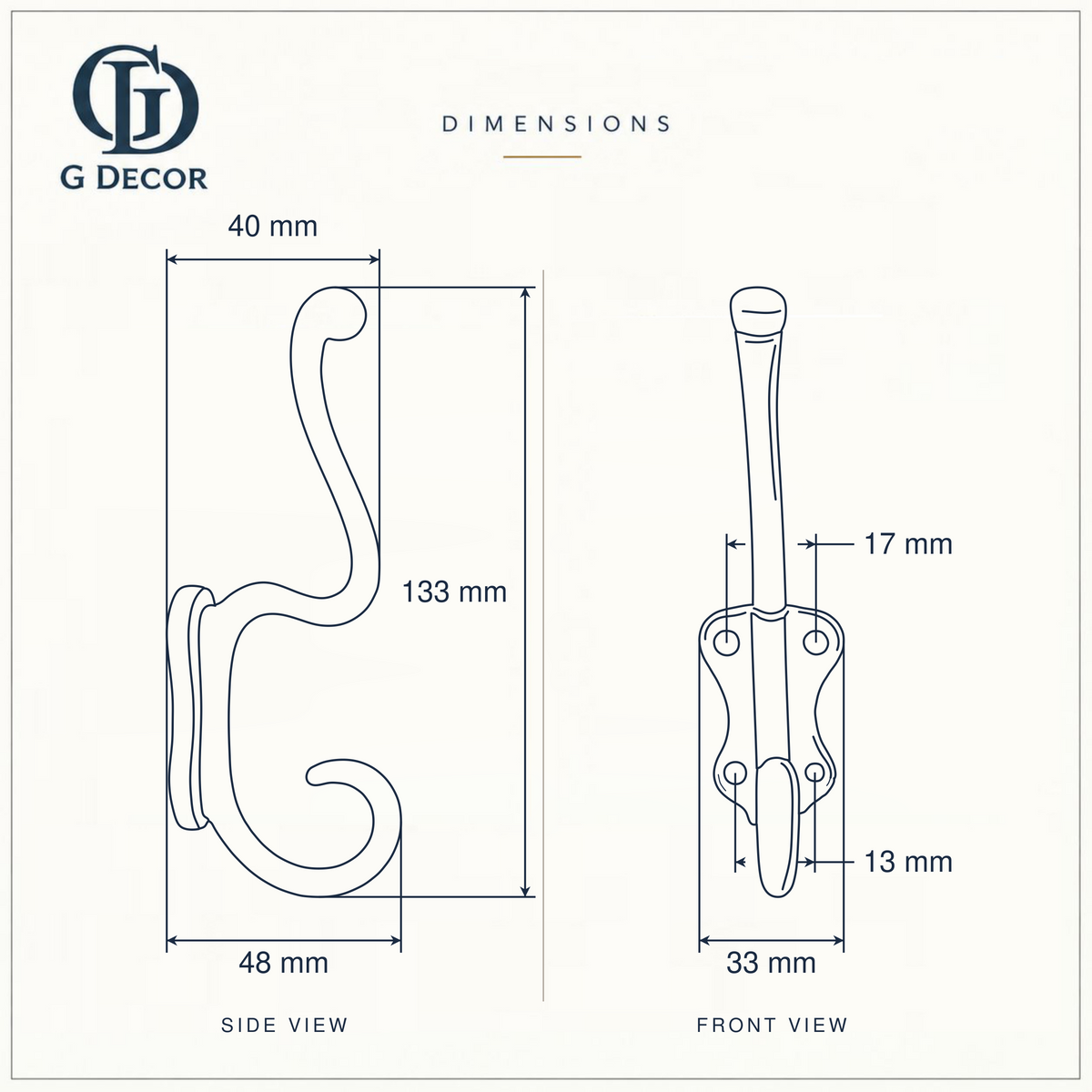Size drawing of the tall scroll hook: 133 mm (5.24 in) tall, sticks out 48 mm (1.89 in), back plate 33 mm (1.30 in) wide, screw holes 17 mm (0.67 in) apart at the top and 13 mm (0.51 in) at the bottom