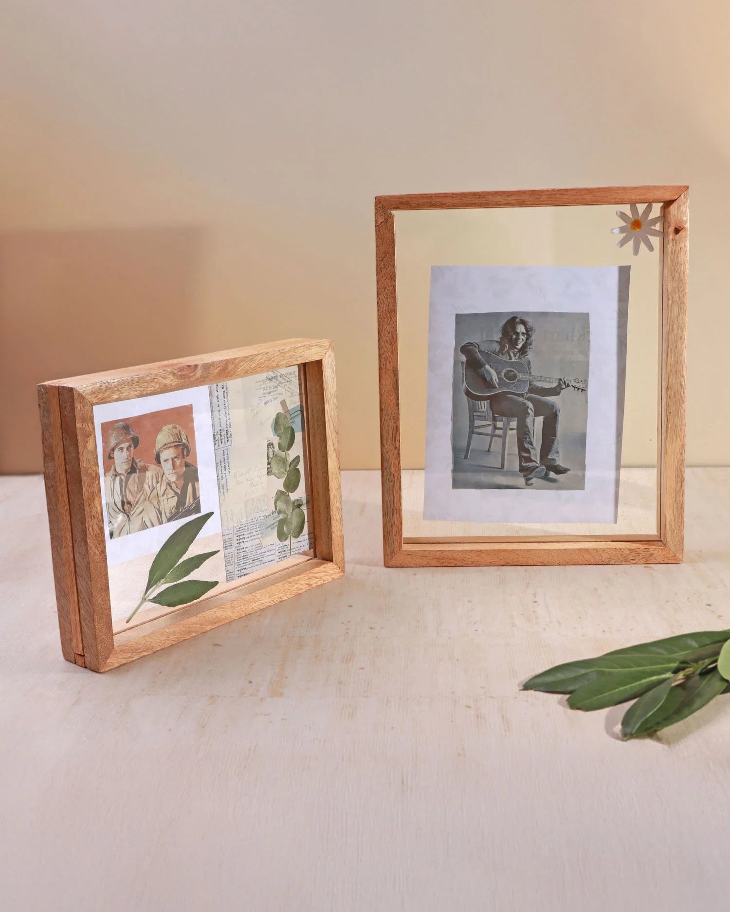 Taru Handmade Mango Wood Photo Frame Freestanding Double Clear Glass Insert Picture Frame - G Decor