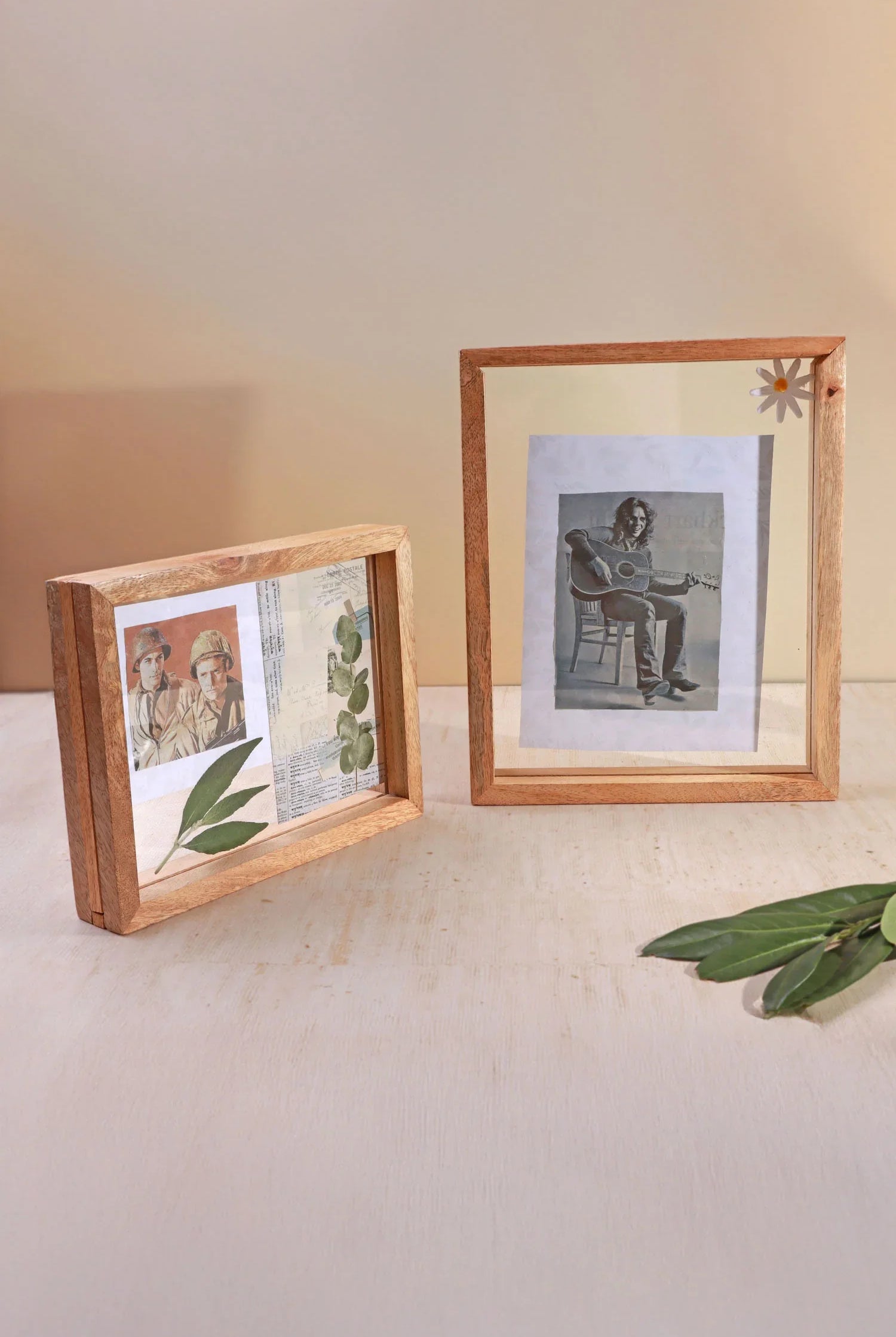 Taru Handmade Mango Wood Photo Frame Freestanding Double Clear Glass Insert Picture Frame - G Decor
