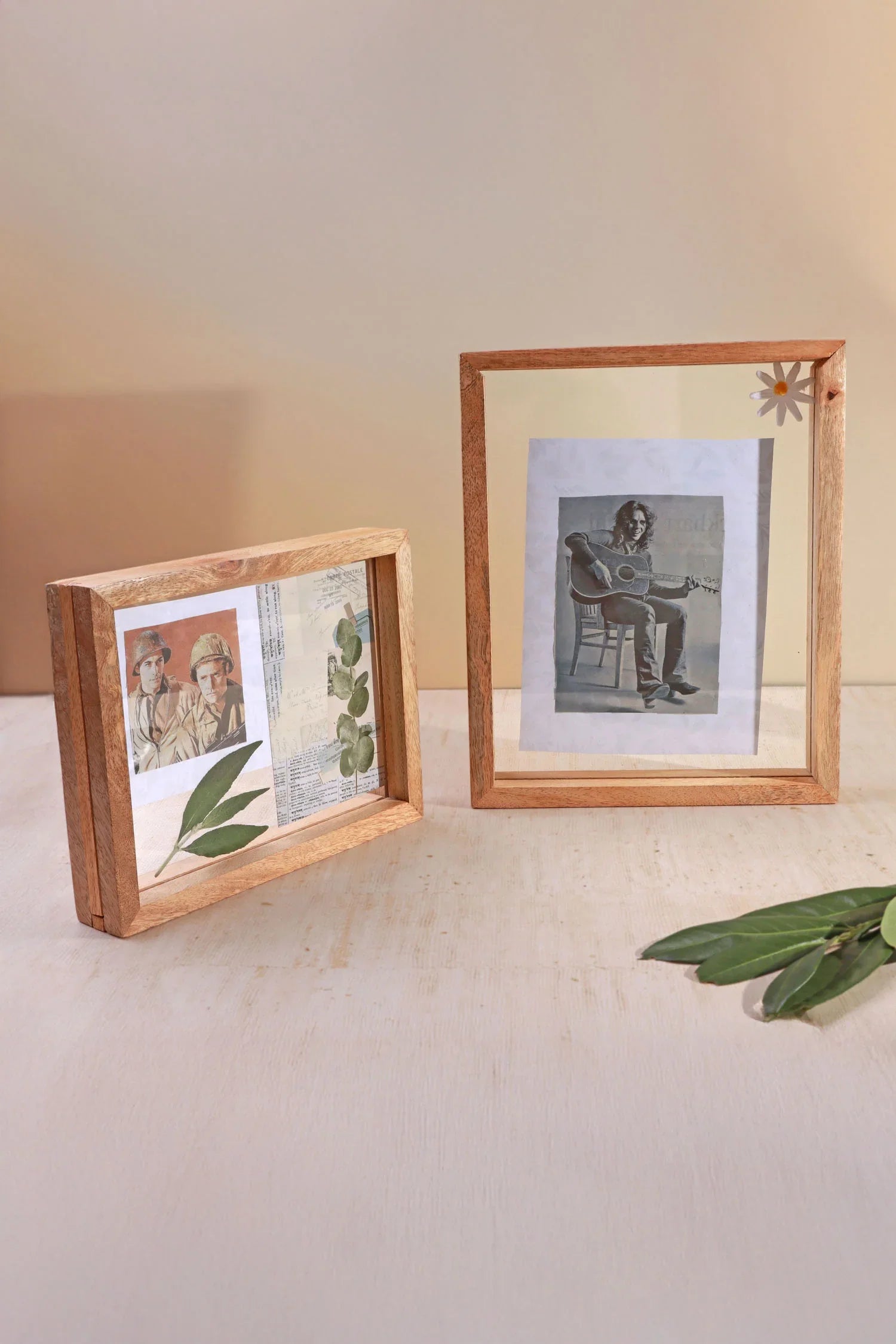 Taru Handmade Mango Wood Photo Frame Freestanding Double Clear Glass Insert Picture Frame - G Decor