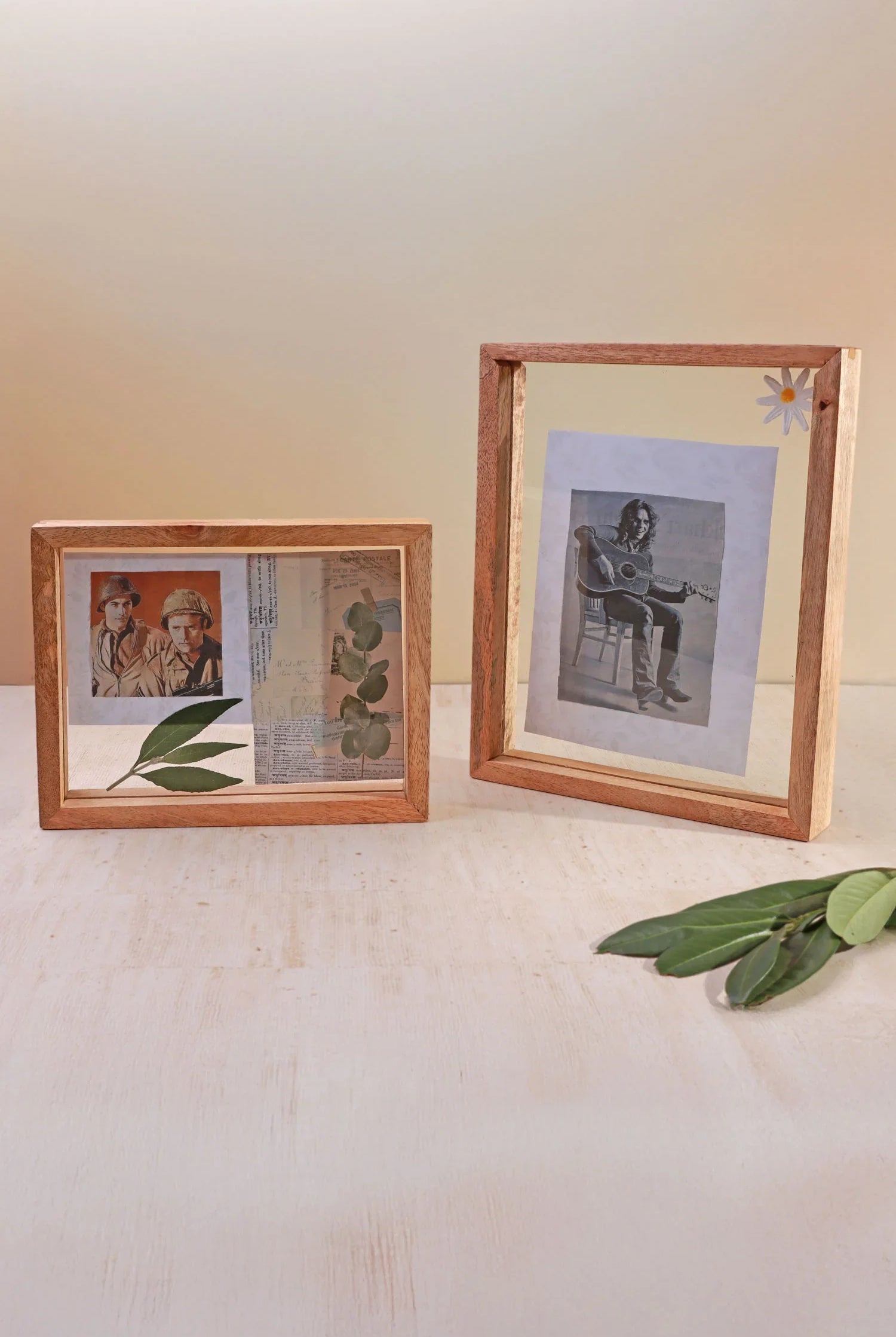 Taru Handmade Mango Wood Photo Frame Freestanding Double Clear Glass Insert Picture Frame - G Decor