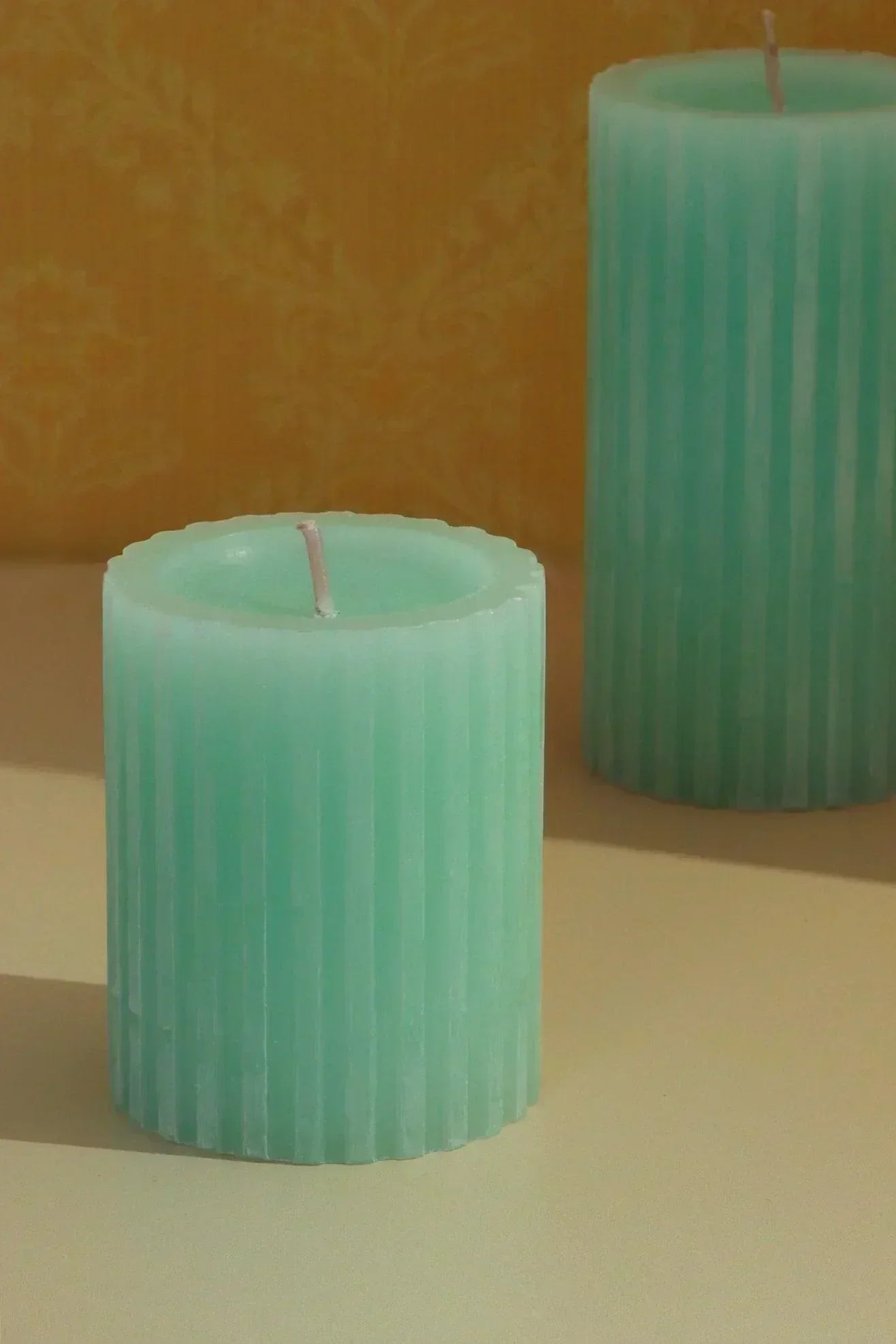 Textured Harmony Scented Pillar Candle in Light Green — close-up view, G Decor