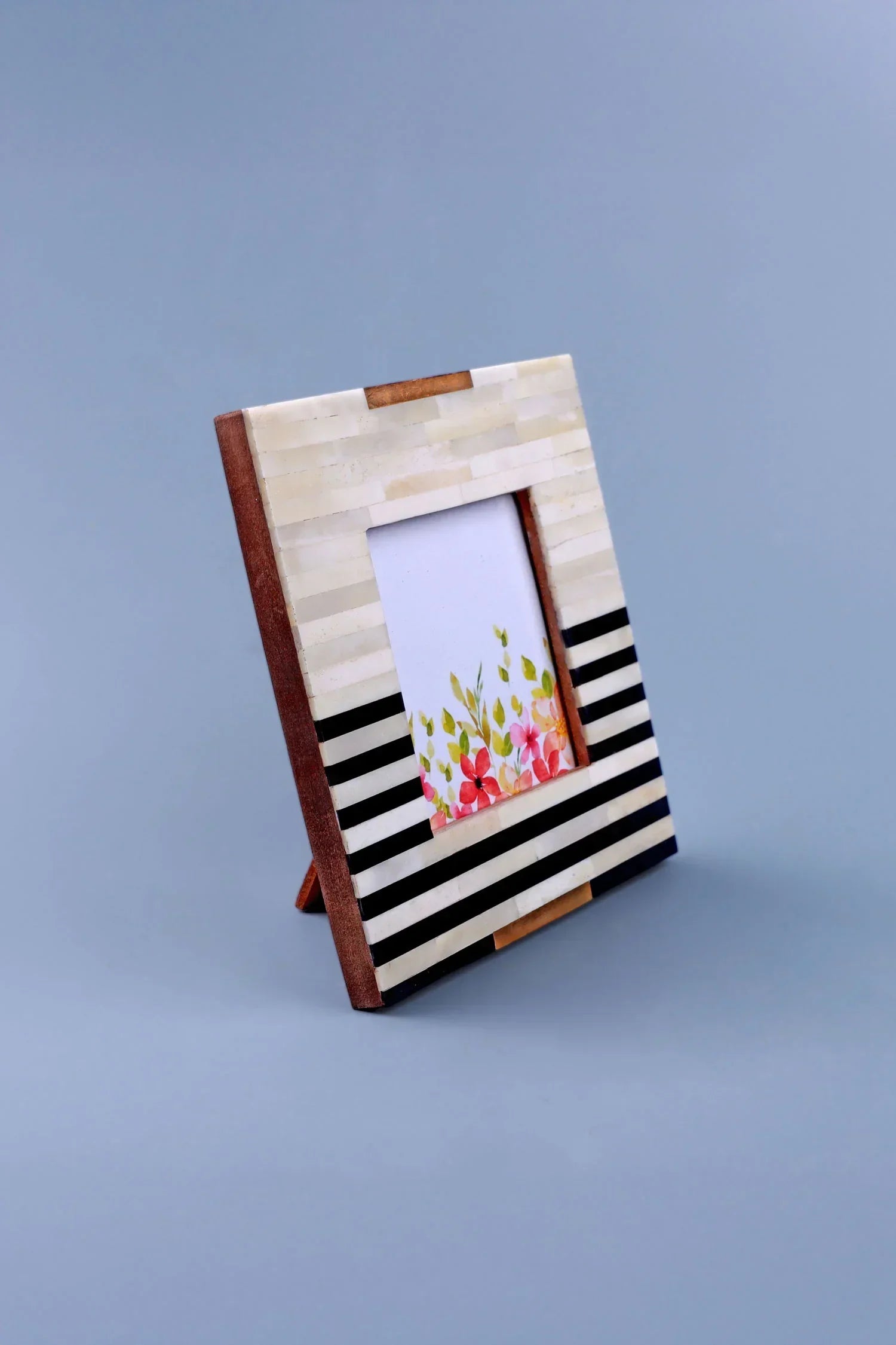 Blackline Edit Bone and Brass Photo Frame in Monochrome Stripe — close-up view, G Decor