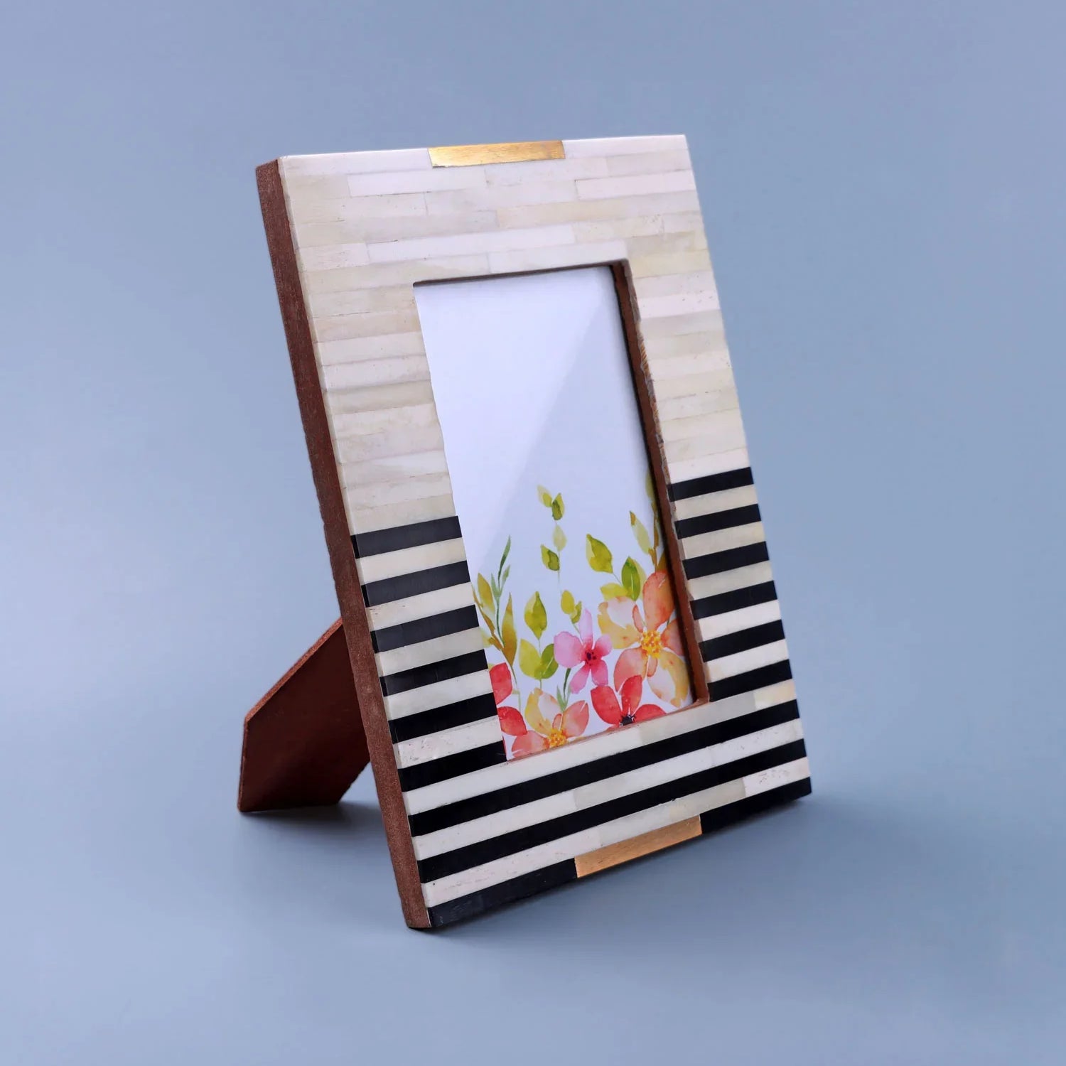 The Blackline Edit Handcrafted Horn Bone & Brass Photo Frame Monochrome Stripe Picture Display - G Decor