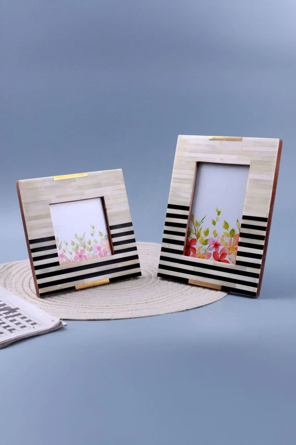 Blackline Edit Bone and Brass Photo Frame in Monochrome Stripe