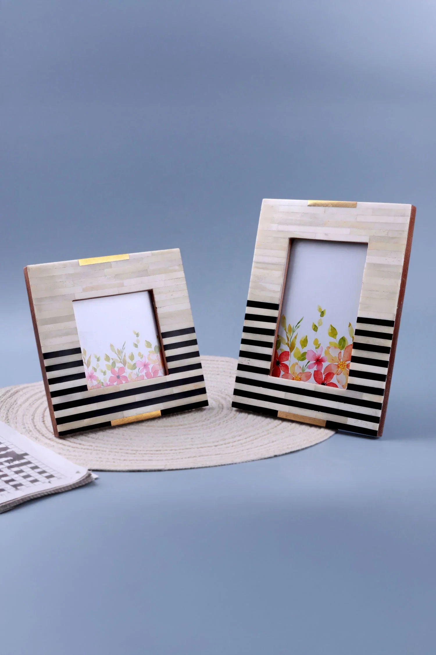 The Blackline Edit Handcrafted Horn Bone & Brass Photo Frame Monochrome Stripe Picture Display - G Decor