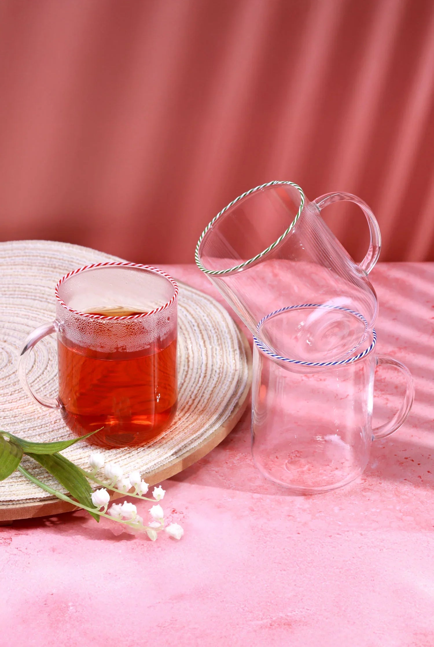 The Twist Rim Handcrafted Glassware Collection Tea Cups & Coffee Mugs in Red, Blue and Green - G Decor