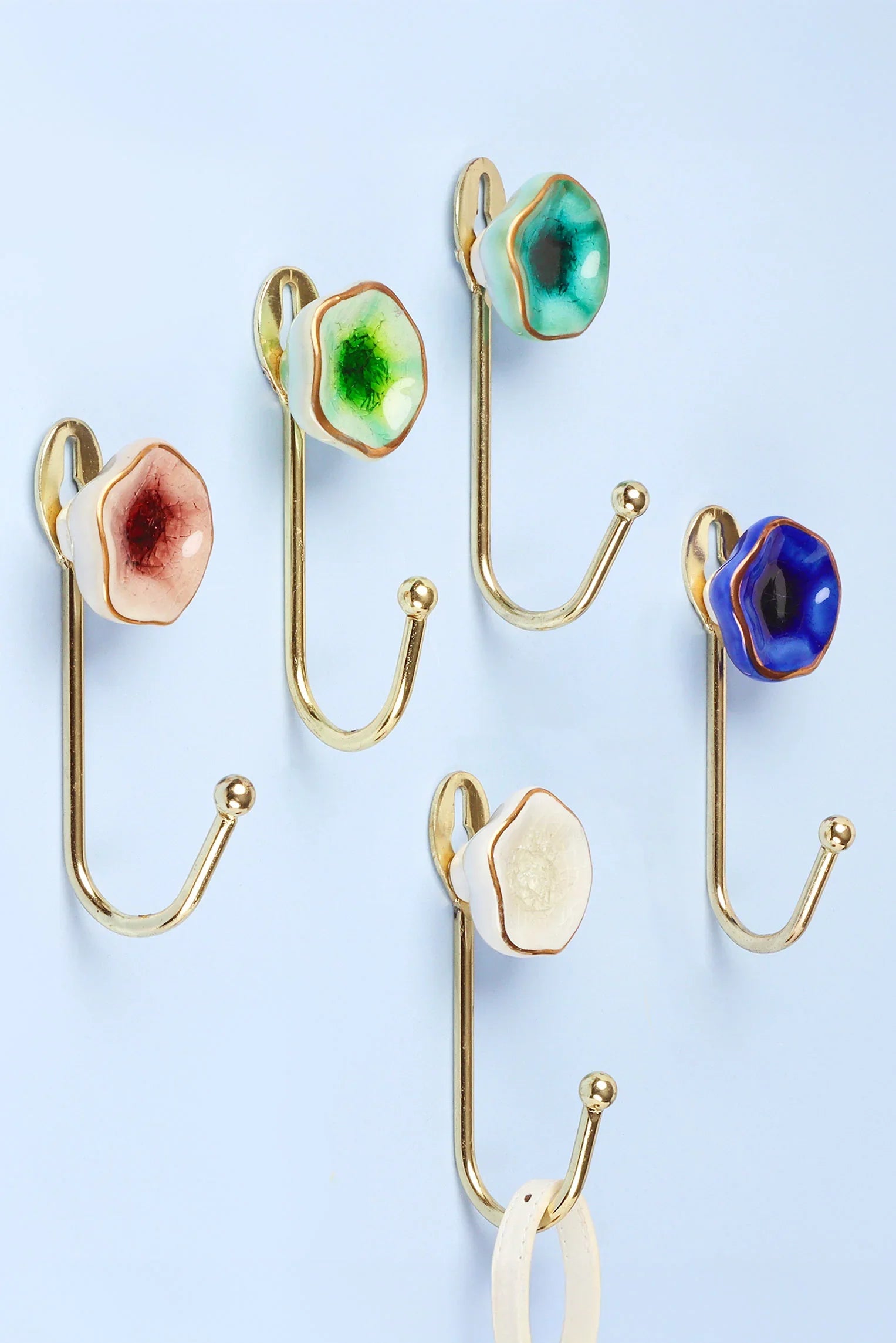 Tiffity Handmade & Hand-Painted Ceramic Wall Hook Crackle Glaze with Brass Detail - G Decor