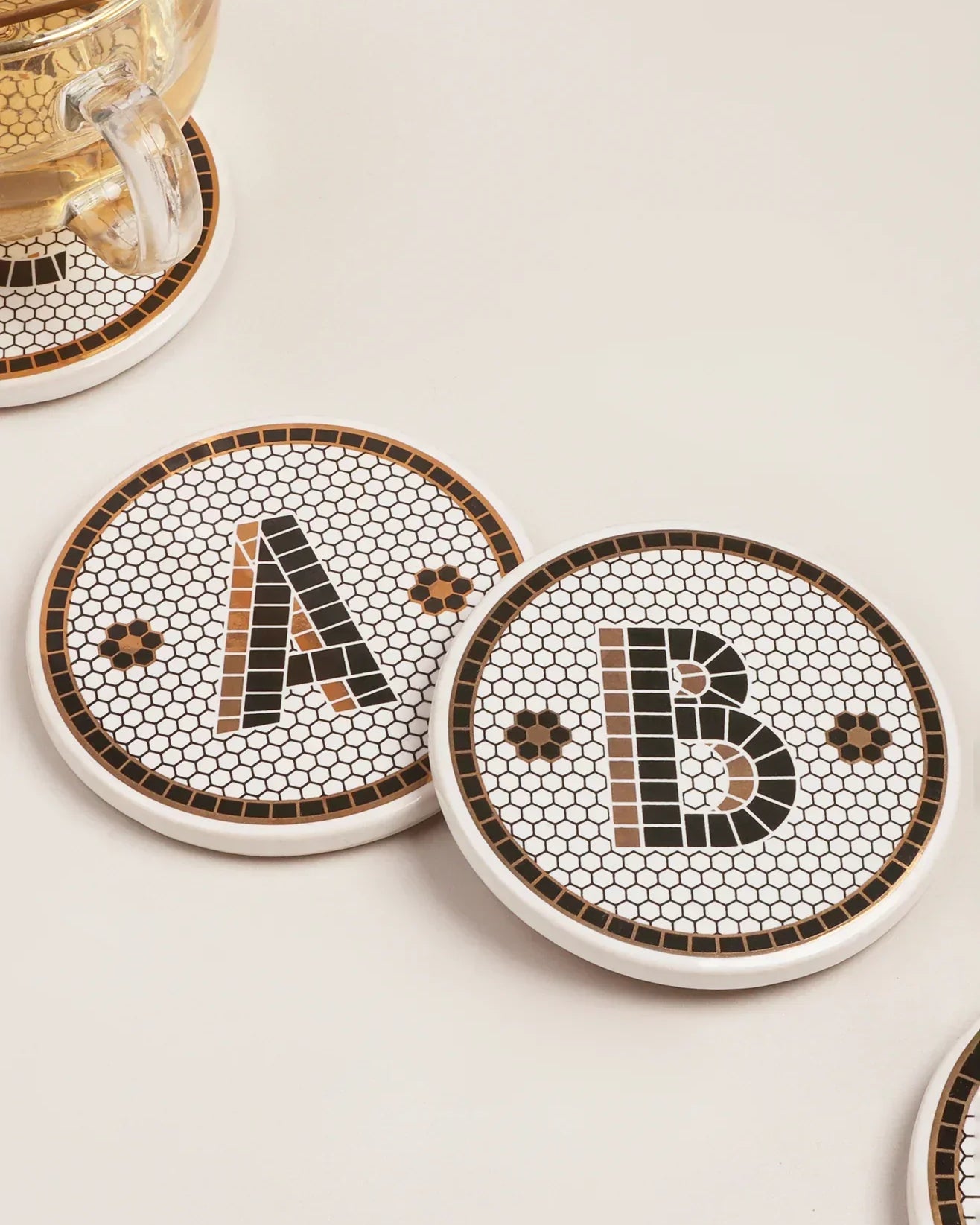 Traditional British Pub Black & Gold Tile Monogram Coasters Alphabet Initial Edition - G Decor