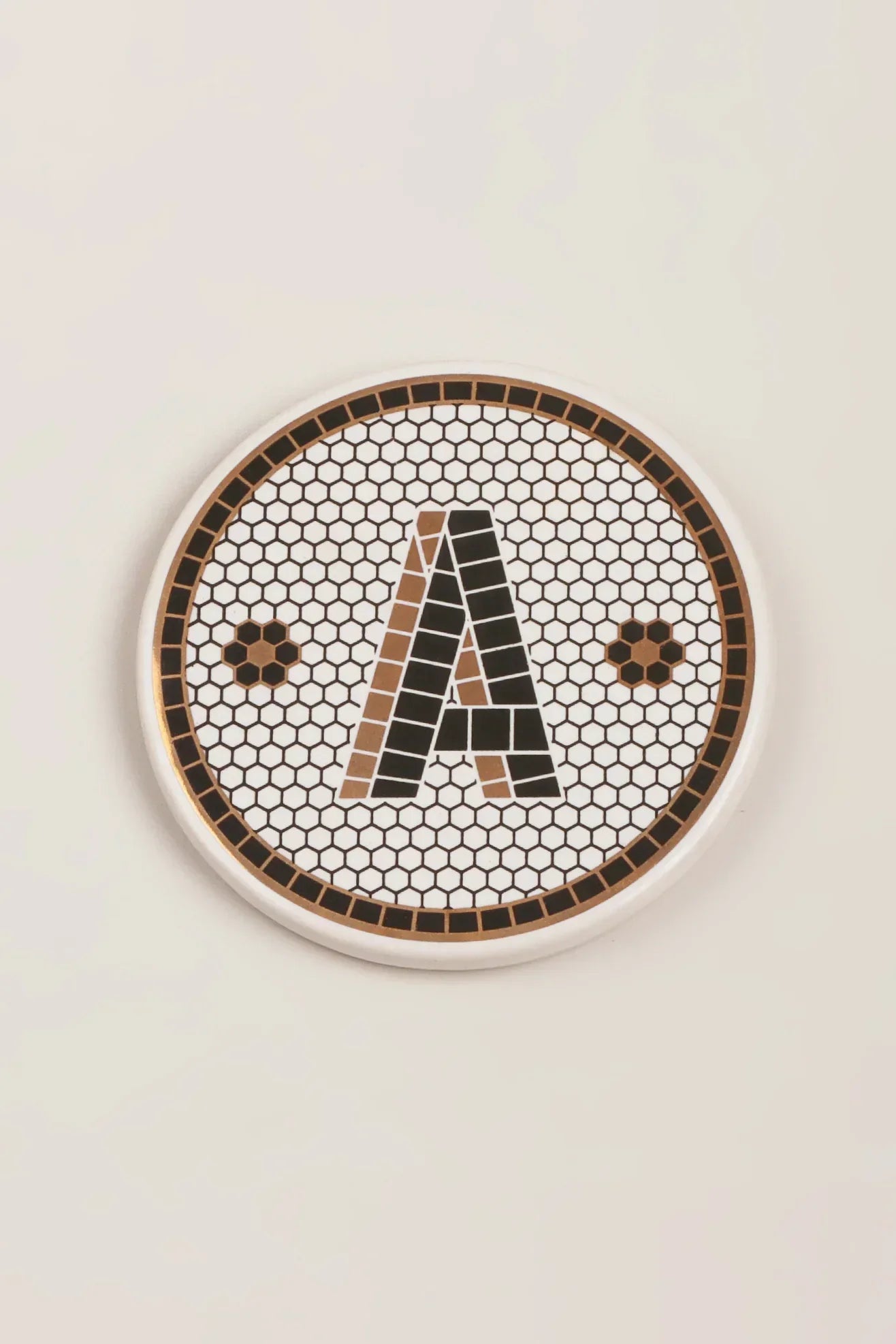 British Pub Tile Black and Gold Personalised Monogram Coasters — close-up view, G Decor