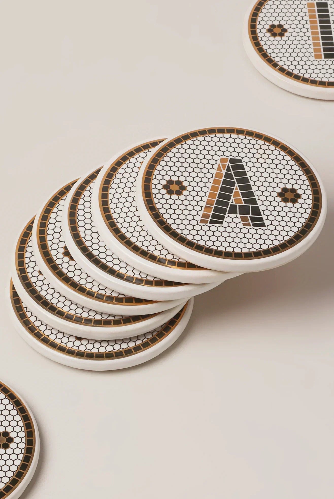 Traditional British Pub Black & Gold Tile Monogram Coasters Alphabet Initial Edition - G Decor