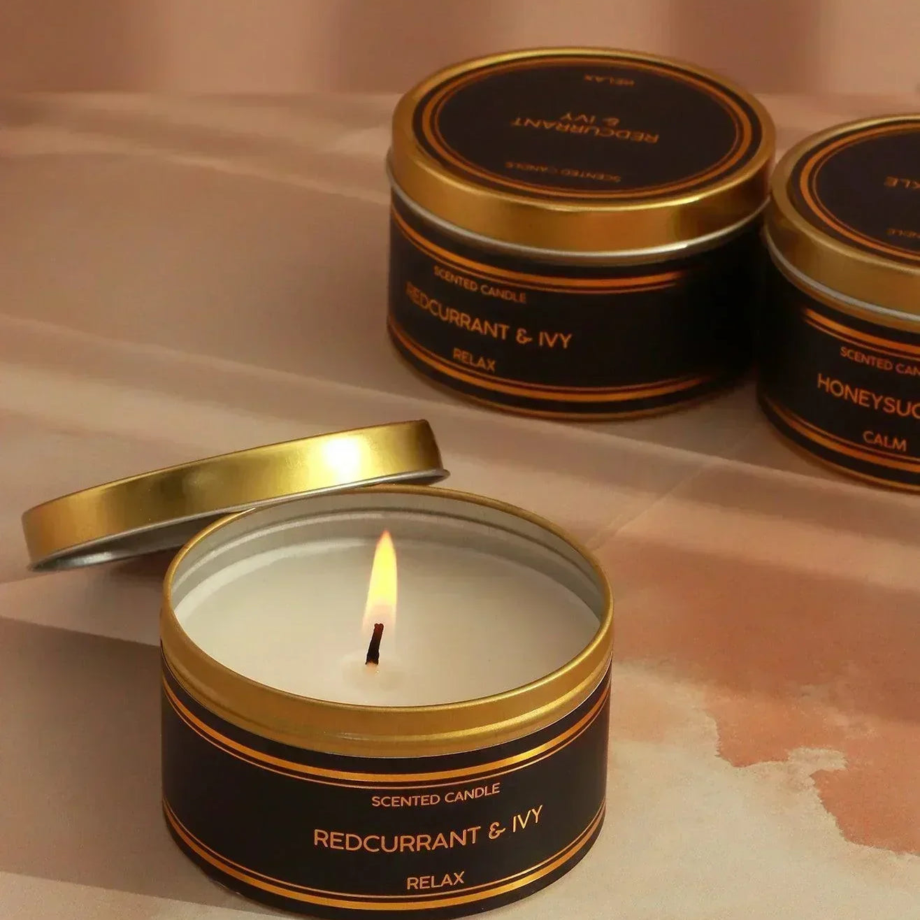 Tranquessence Mood Scented Large Candle Collection Black & Gold Tin Candle in Angel Flower, Honeysuckle or Blackcurrant & Ivy - G Decor