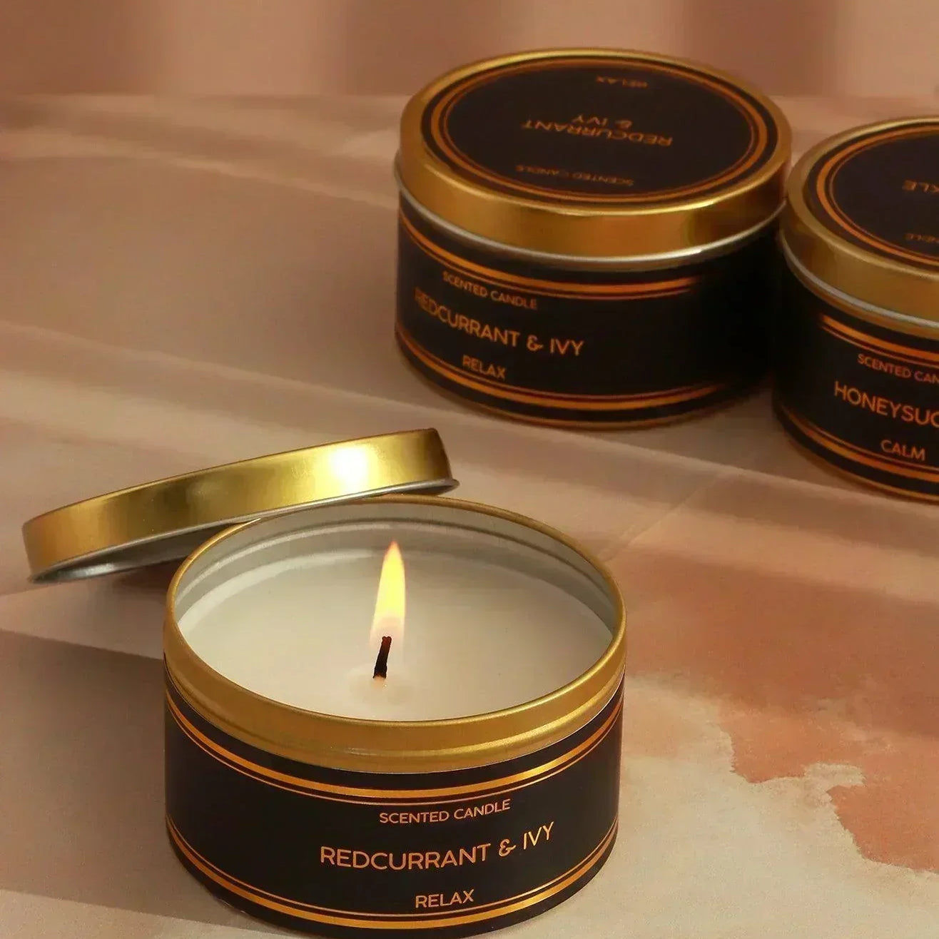 Tranquessence Mood Scented Large Candle Collection Black & Gold Tin Candle in Angel Flower, Honeysuckle or Blackcurrant & Ivy - G Decor