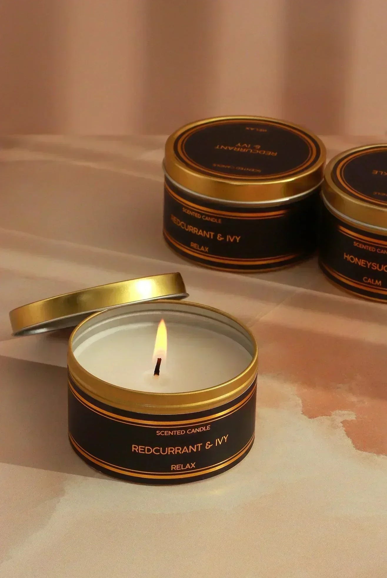 Tranquessence Mood Scented Large Candle Collection Black & Gold Tin Candle in Angel Flower, Honeysuckle or Blackcurrant & Ivy - G Decor