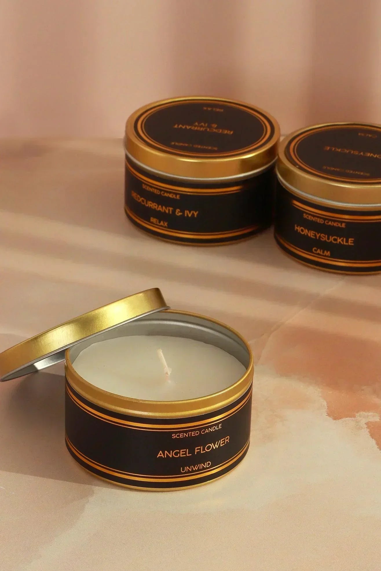 Tranquessence Mood Scented Large Candle Collection Black & Gold Tin Candle in Angel Flower, Honeysuckle or Blackcurrant & Ivy - G Decor