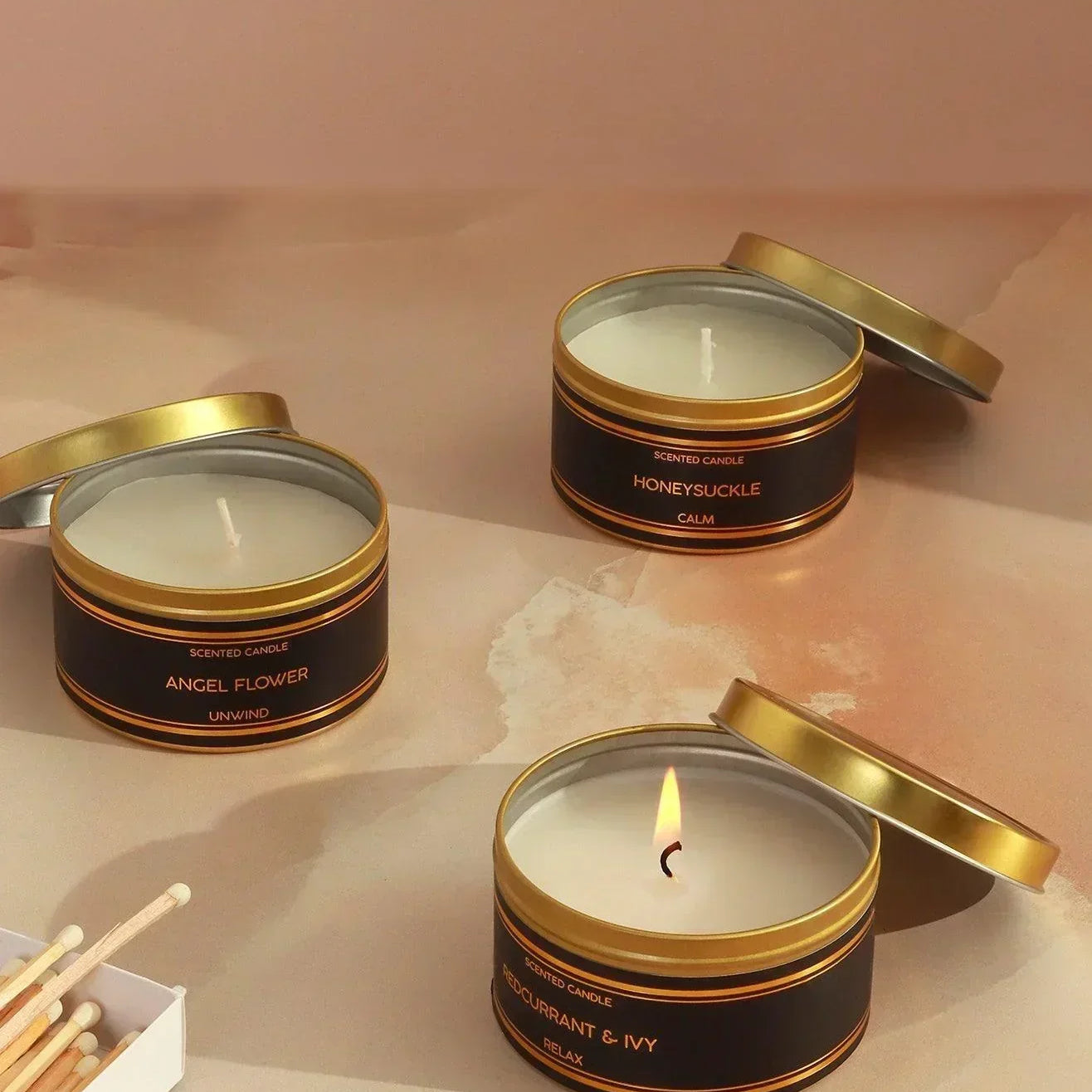 Tranquessence Mood Scented Large Candle Collection Black & Gold Tin Candle in Angel Flower, Honeysuckle or Blackcurrant & Ivy - G Decor