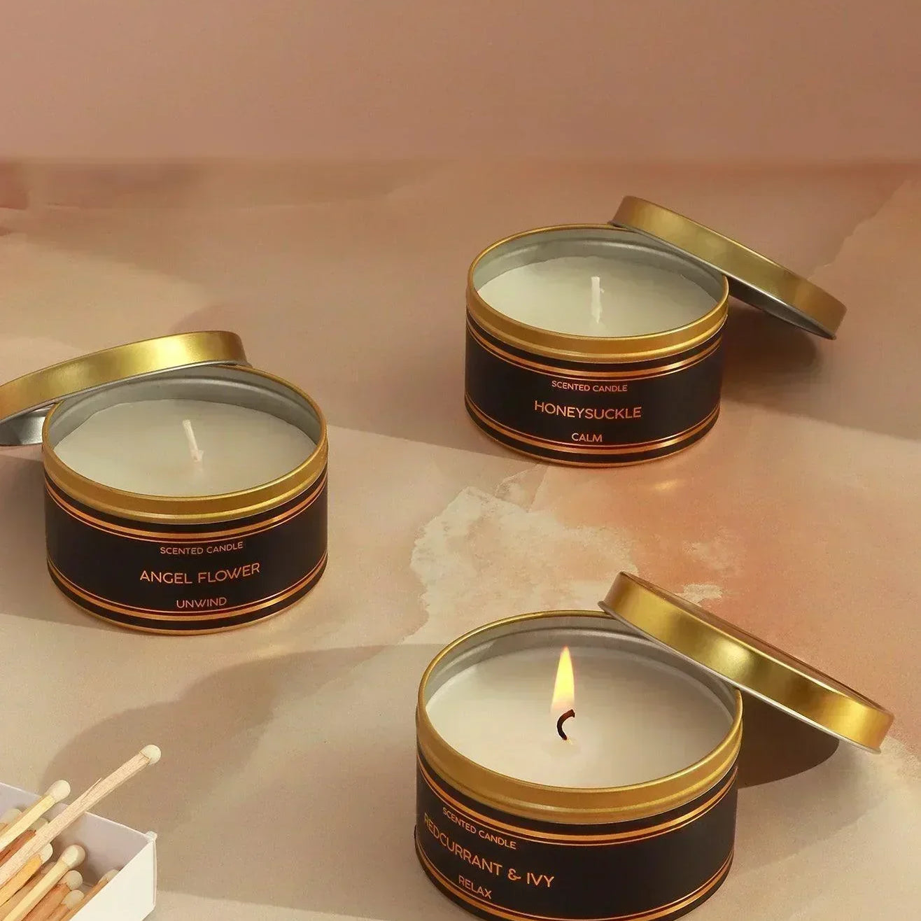 Tranquessence Mood Scented Large Candle Collection Black & Gold Tin Candle in Angel Flower, Honeysuckle or Blackcurrant & Ivy - G Decor