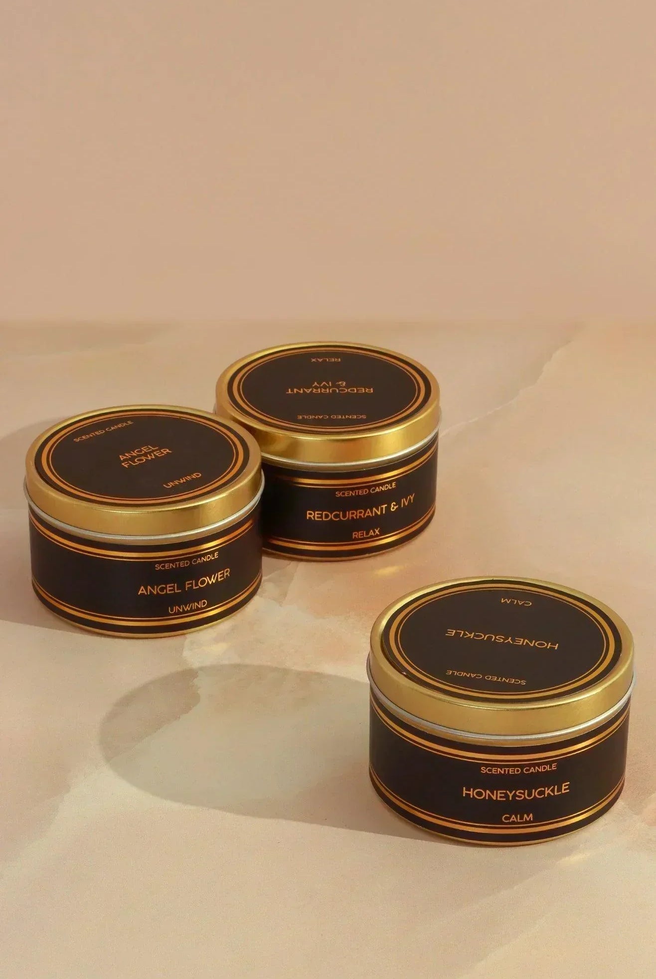 Tranquessence Mood Scented Large Candle Collection Black & Gold Tin Candle in Angel Flower, Honeysuckle or Blackcurrant & Ivy - G Decor