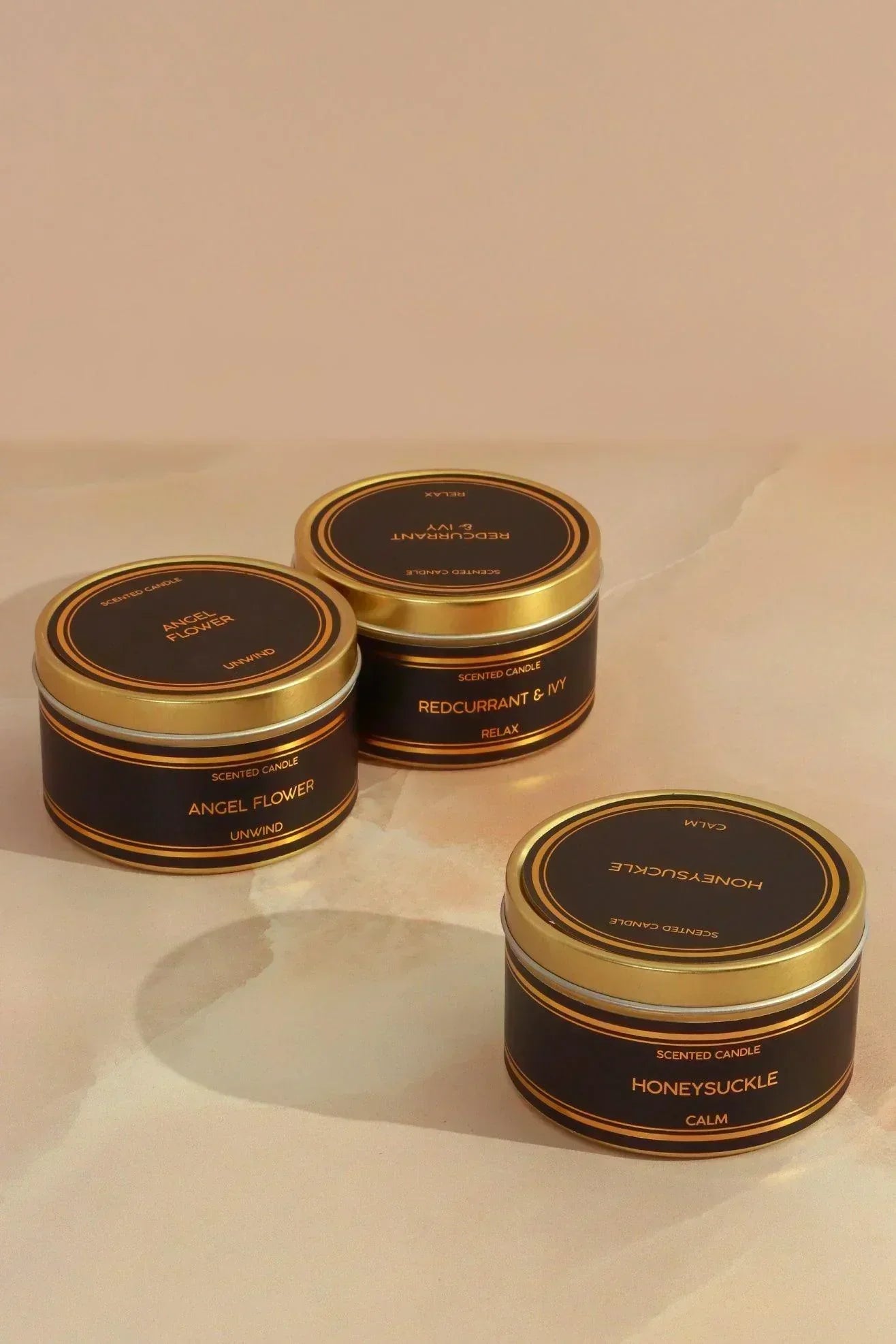 Tranquessence Mood Scented Large Candle Collection Black & Gold Tin Candle in Angel Flower, Honeysuckle or Blackcurrant & Ivy - G Decor
