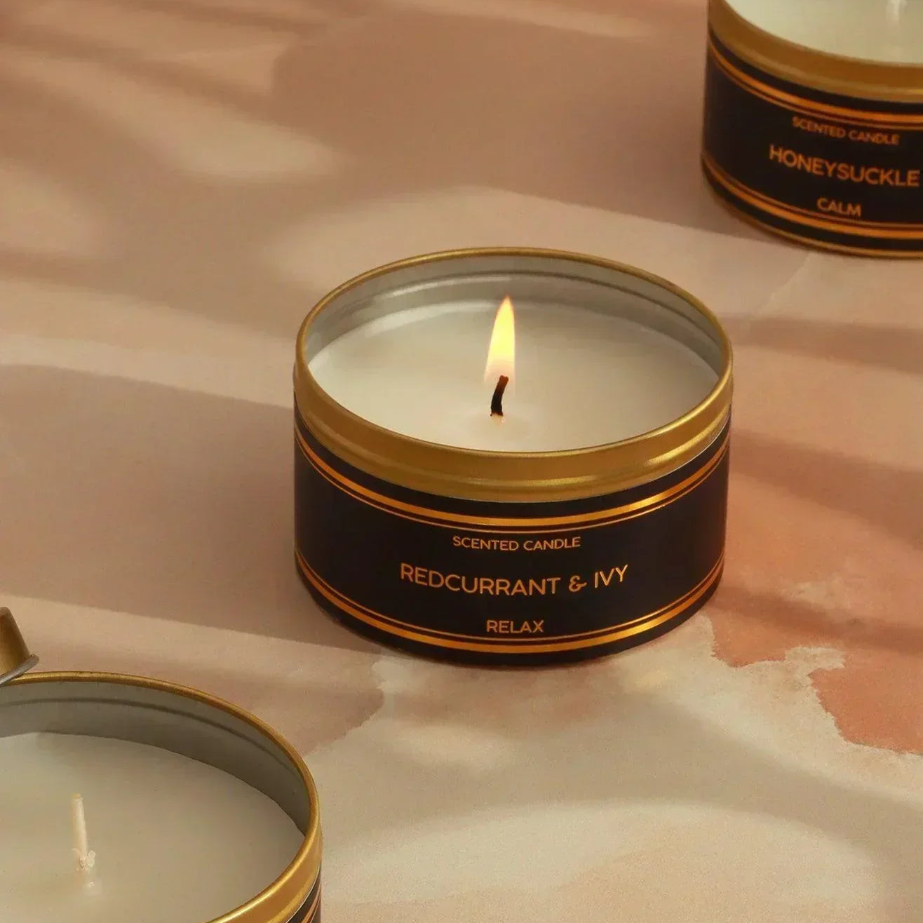 Tranquessence Mood Scented Large Candle Collection Black & Gold Tin Candle in Angel Flower, Honeysuckle or Blackcurrant & Ivy - G Decor