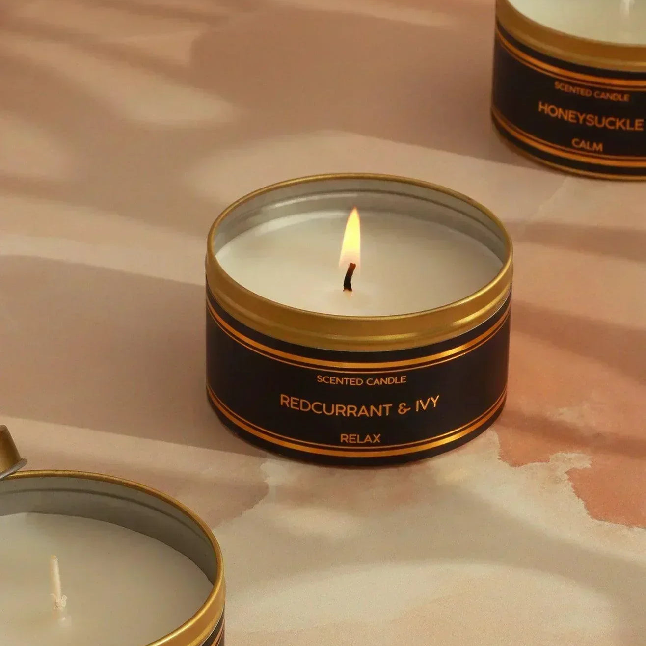 Tranquessence Mood Scented Large Candle Collection Black & Gold Tin Candle in Angel Flower, Honeysuckle or Blackcurrant & Ivy - G Decor