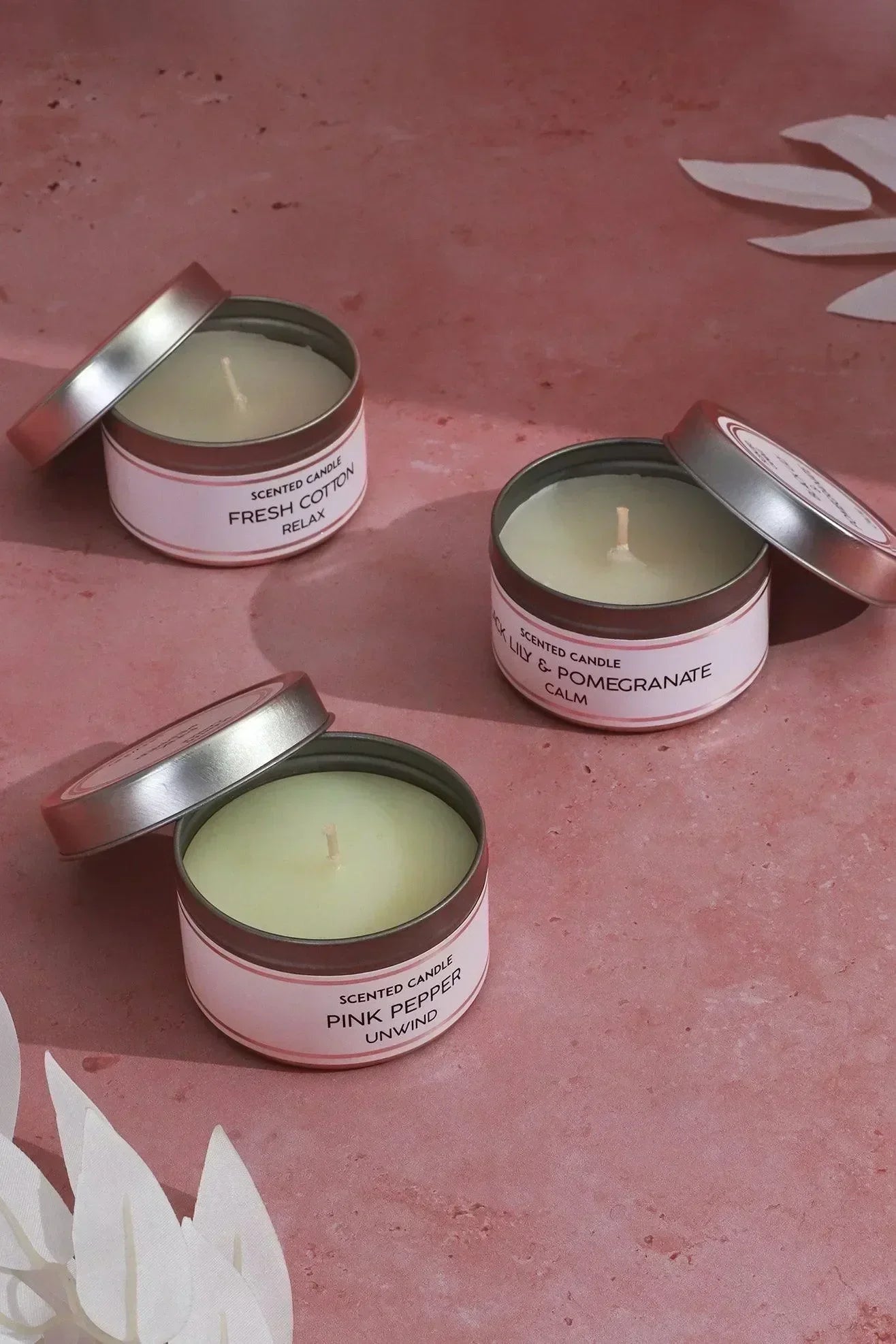 Trio Serenity Set of 3 Scented White Tin Candles Fresh Cotton, Pink Pepper & Black Lily with Aromatherapy Scents - G Decor