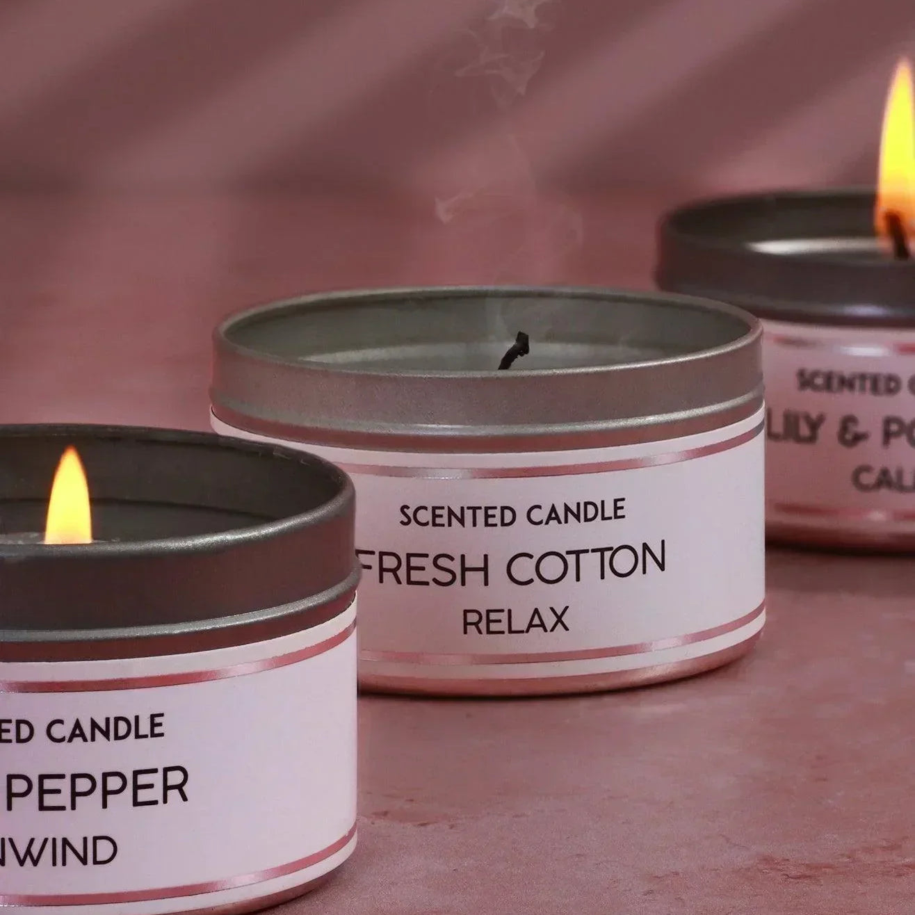 Trio Serenity Set of 3 Scented White Tin Candles Fresh Cotton, Pink Pepper & Black Lily with Aromatherapy Scents - G Decor