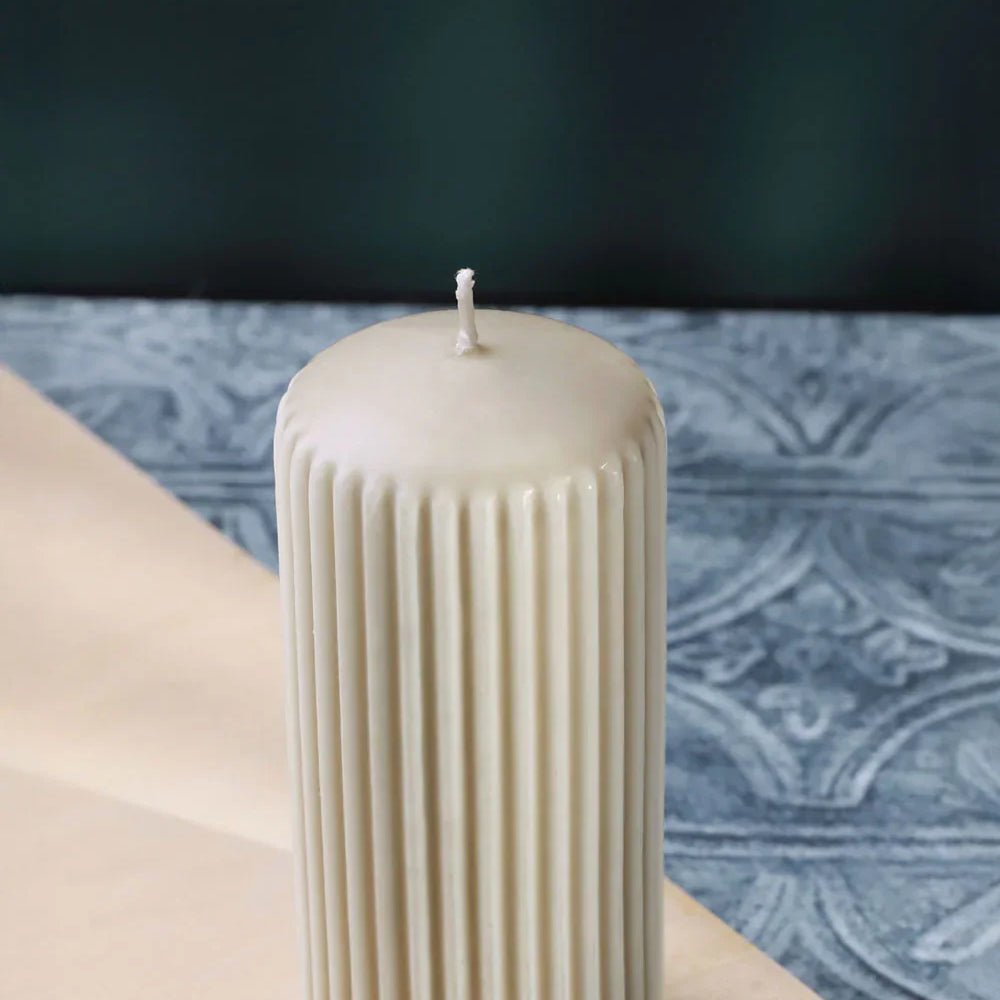 Velluto Bianco Sculpted Cream Ribbed Pillar Candle in a Velvet Matte Finish - G Decor