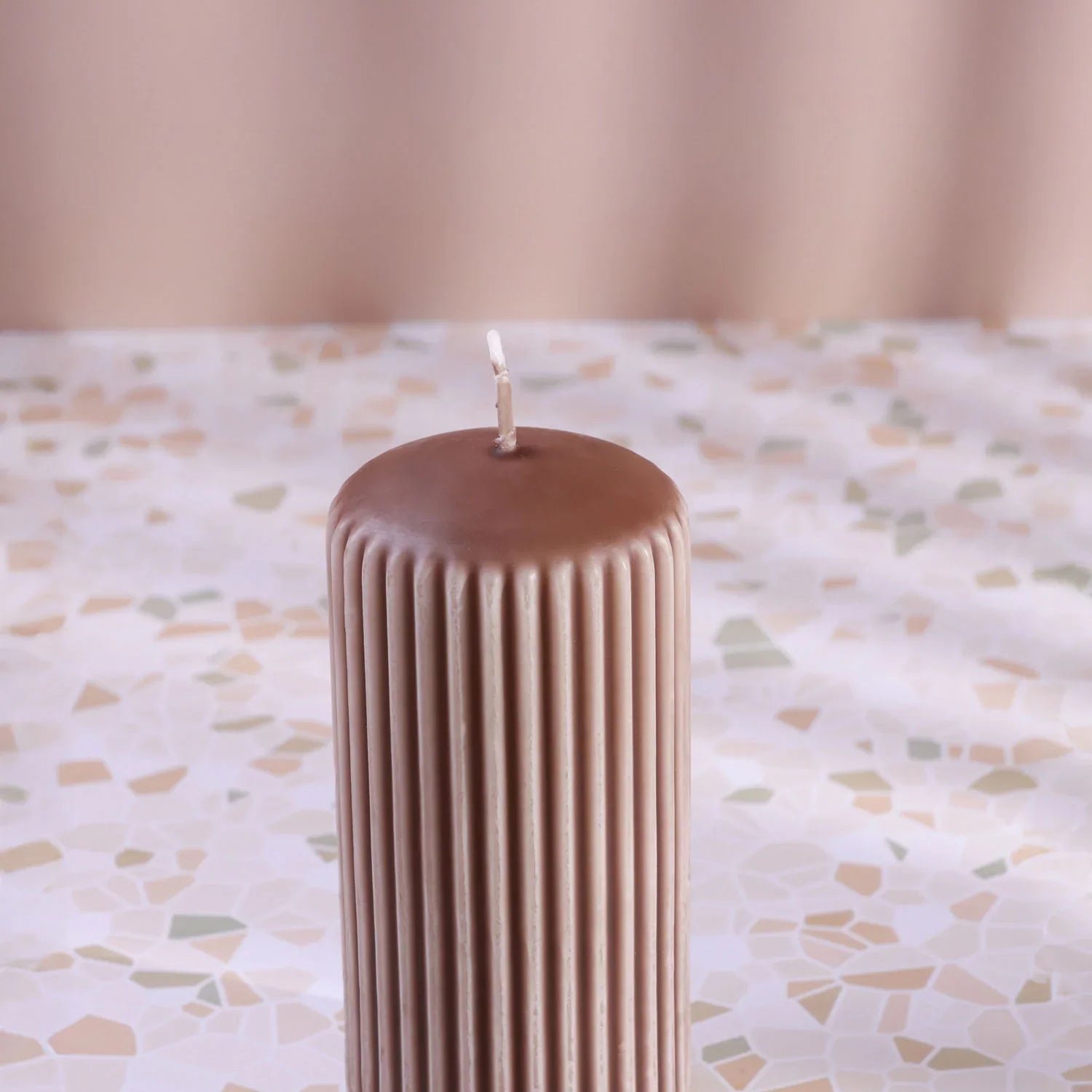 Velluto Caffè Sculpted Coffee-Toned Ribbed Pillar Candle in a Velvet Matte Finish - G Decor