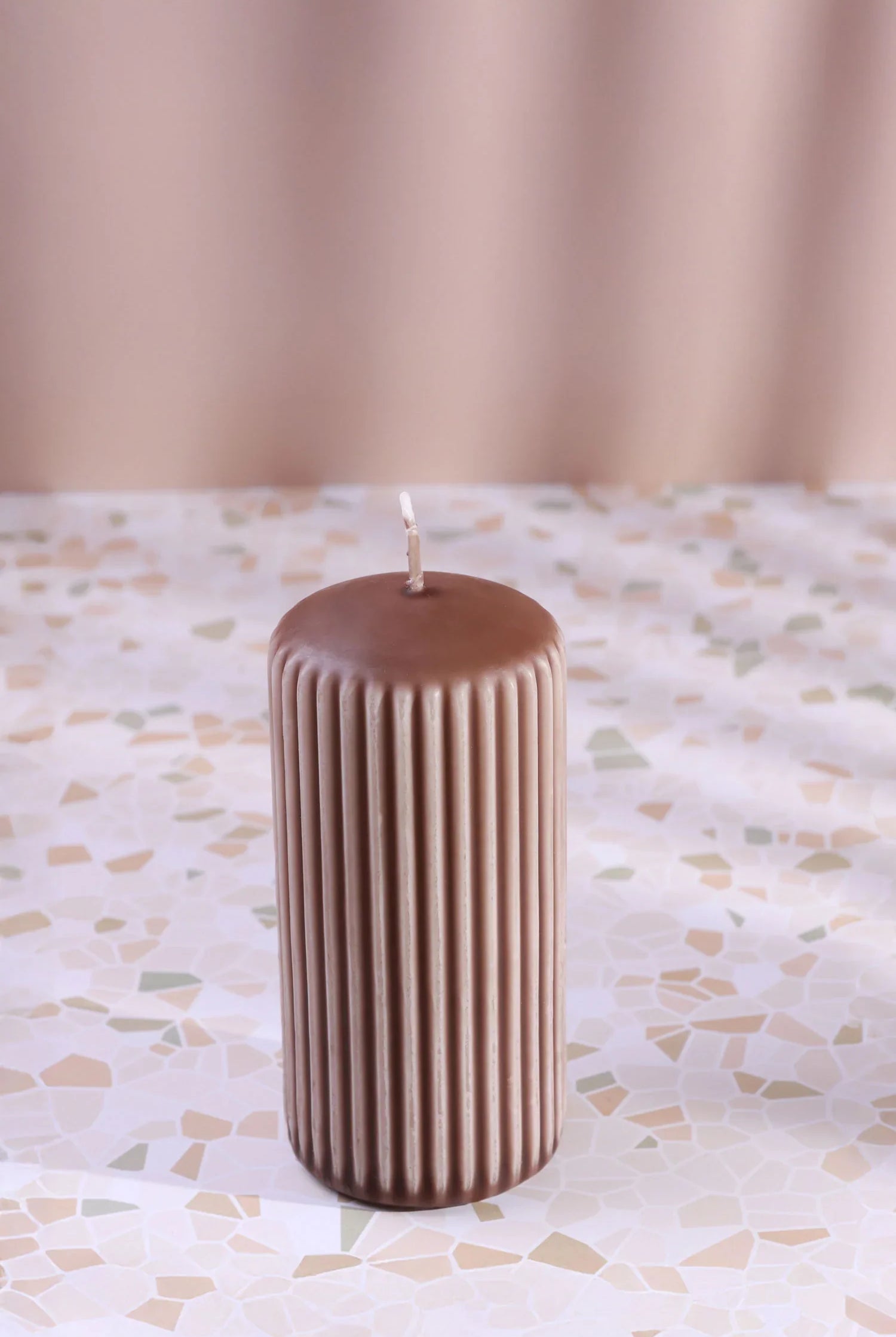 Velluto Caffè Sculpted Coffee-Toned Ribbed Pillar Candle in a Velvet Matte Finish - G Decor
