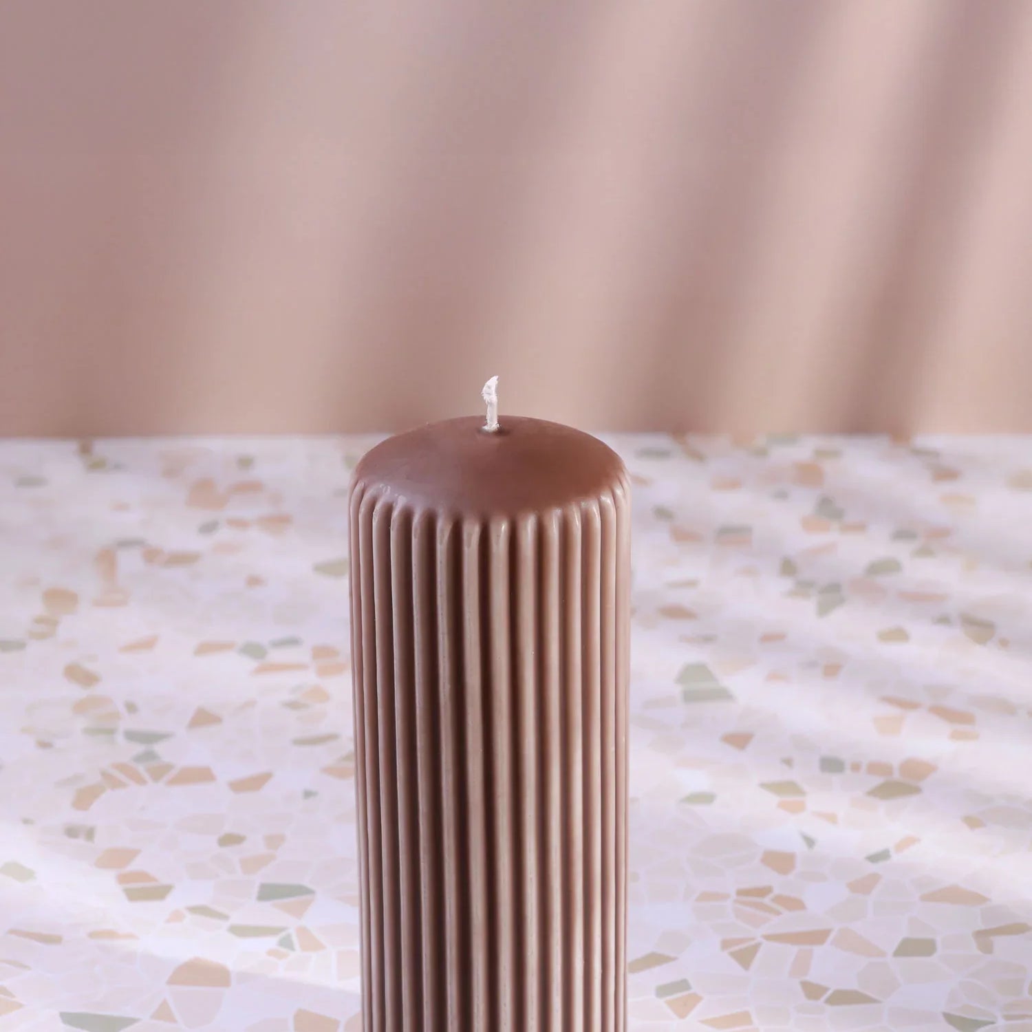 Velluto Caffè Sculpted Coffee-Toned Ribbed Pillar Candle in a Velvet Matte Finish - G Decor