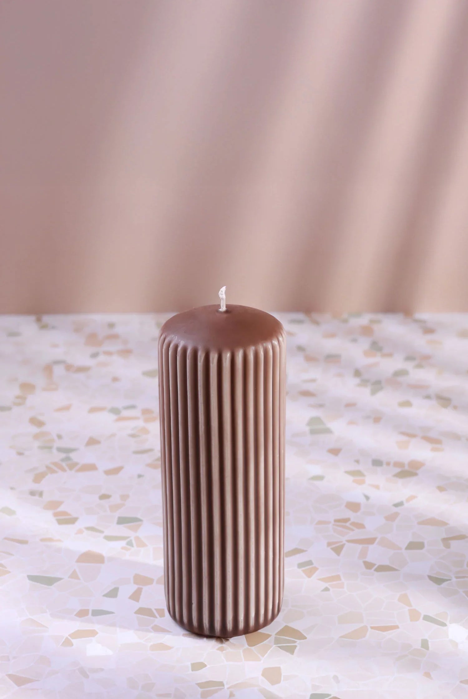 Velluto Caffè Sculpted Coffee-Toned Ribbed Pillar Candle in a Velvet Matte Finish - G Decor