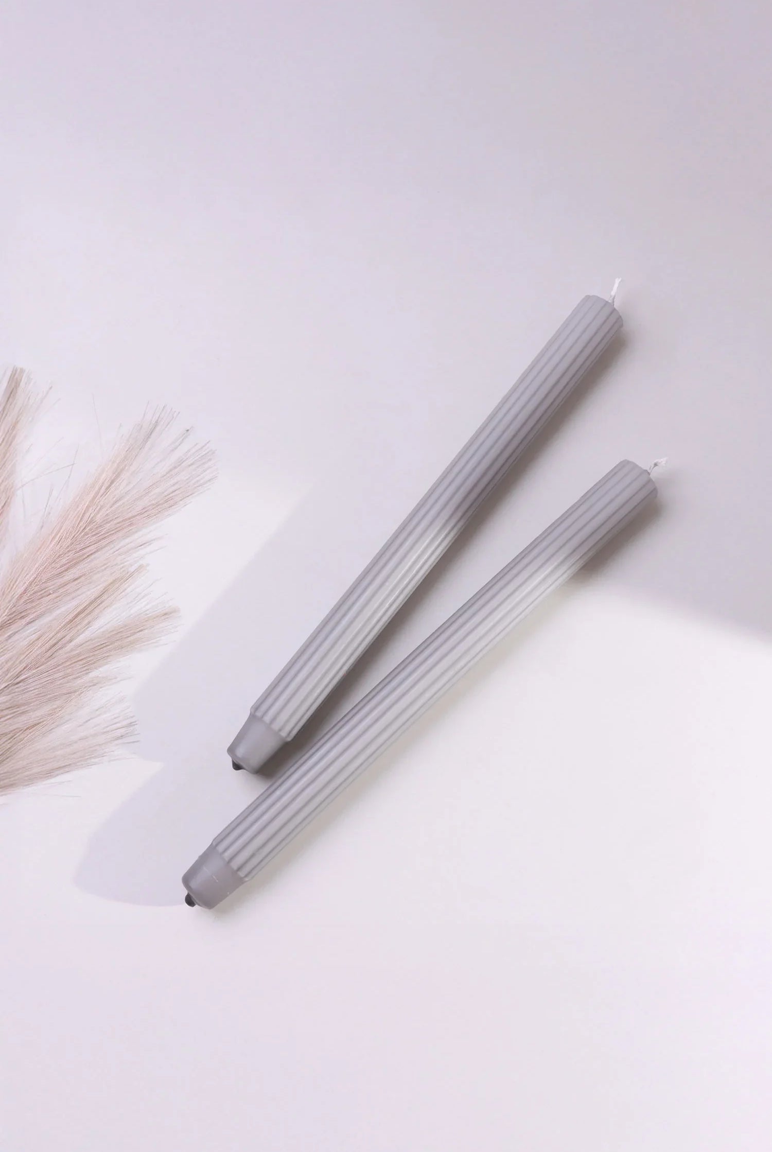 Velluto Cenere Set of 2 Extra Tall Dinner & Taper Candles with Ribbed Velvet Matte Finish in Ash Grey - G Decor