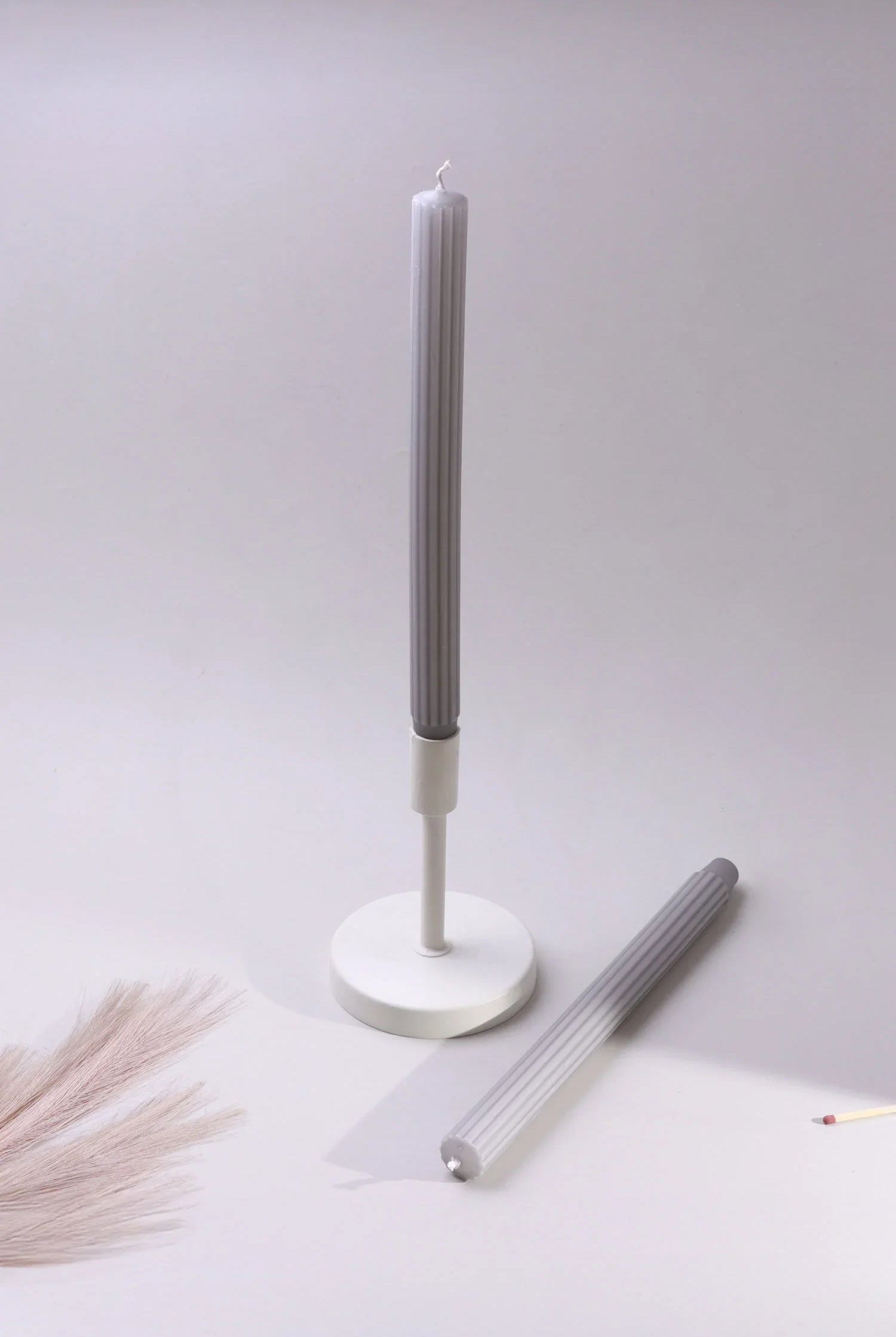 Velluto Cenere Set of 2 Extra Tall Dinner & Taper Candles with Ribbed Velvet Matte Finish in Ash Grey - G Decor