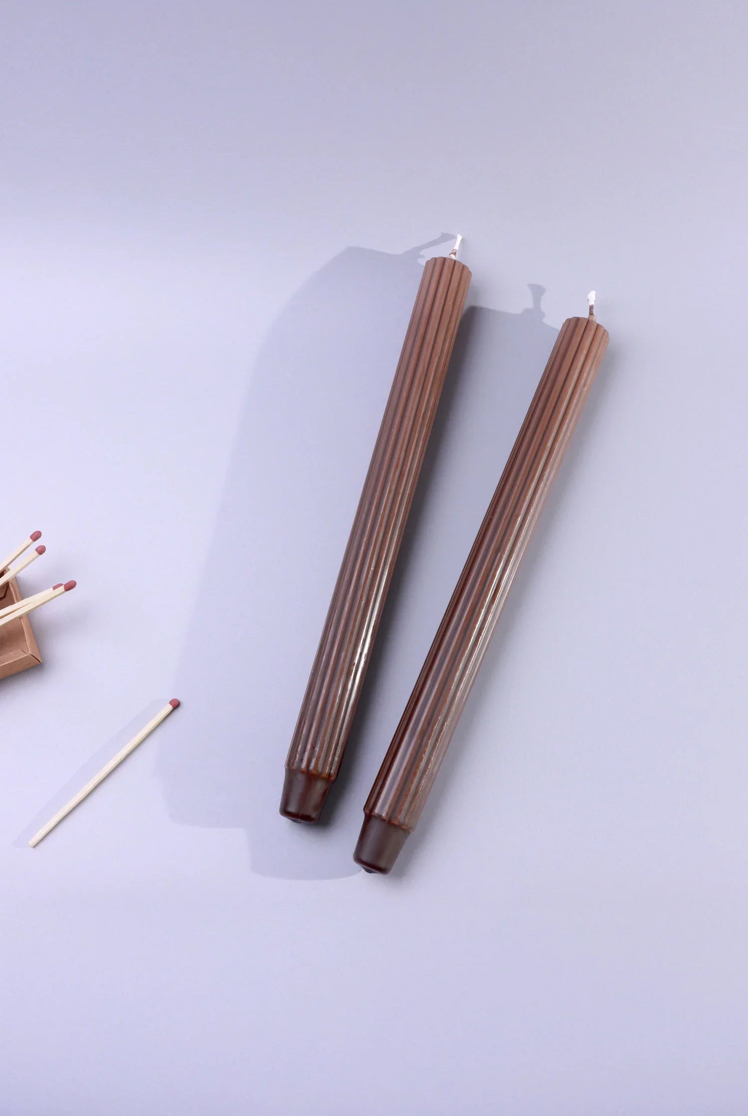 Velluto Marrone Set of 2 Extra Tall Dinner & Taper Candles in Dark Chocolate Brown with Ribbed Velvet Matte Finish - G Decor