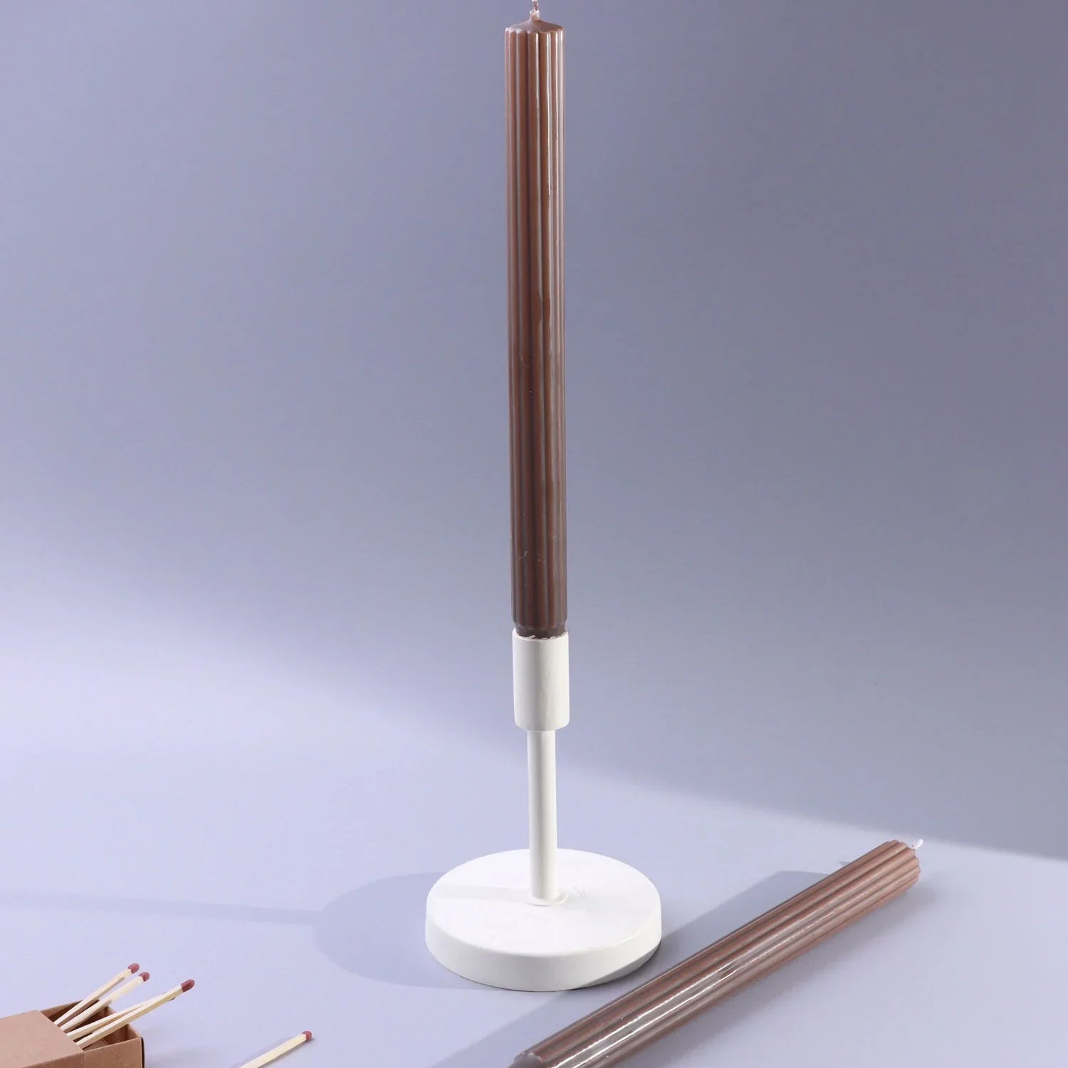 Velluto Marrone Set of 2 Extra Tall Dinner & Taper Candles in Dark Chocolate Brown with Ribbed Velvet Matte Finish - G Decor