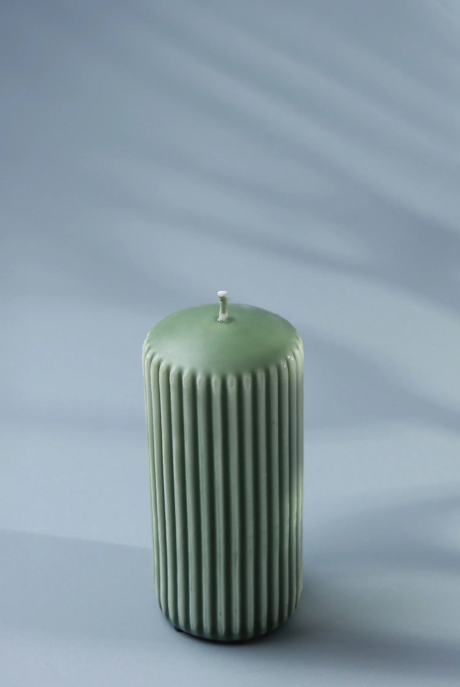 Velluto Oliva Sculpted Olive Green Ribbed Pillar Candle in a Velvet Matte Finish - G Decor